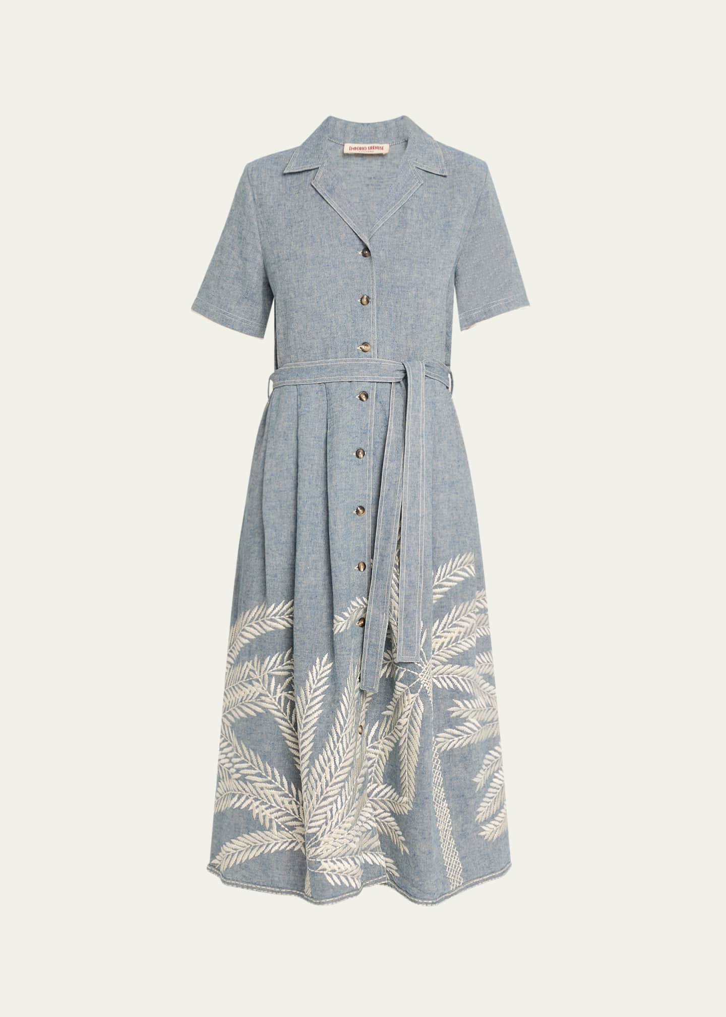 Claudia Palm-Embroidered Belted Midi Dress
