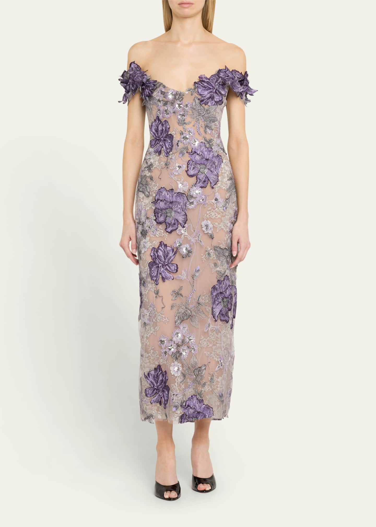Off-Shoulder Floral Threadwork Cocktail Dress - Thumbnail 2
