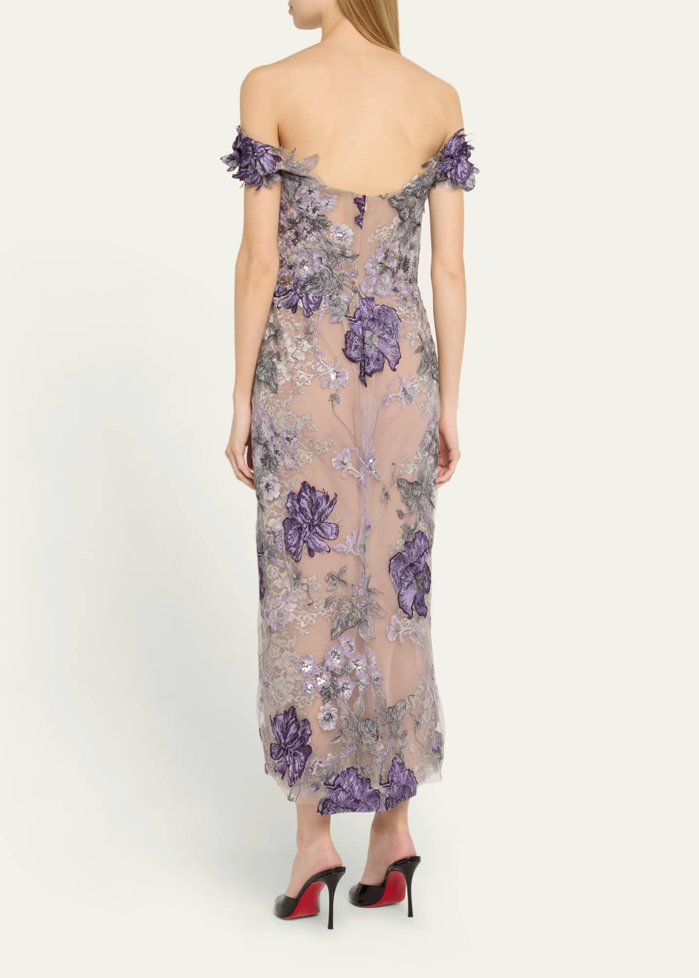 Off-Shoulder Floral Threadwork Cocktail Dress - Thumbnail 3