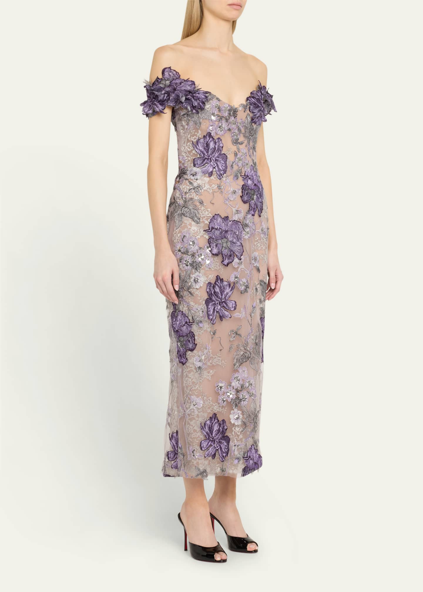 Off-Shoulder Floral Threadwork Cocktail Dress - Thumbnail 4