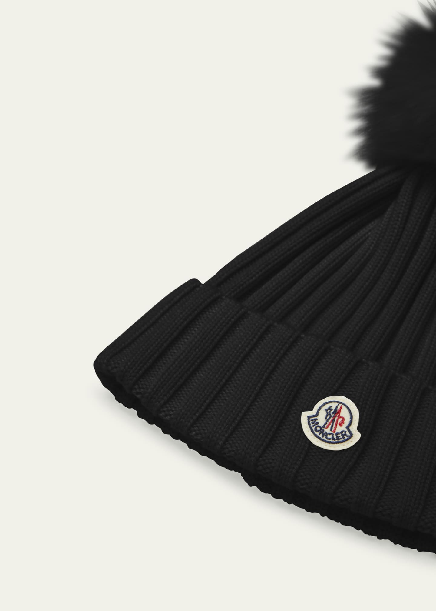 Moncler Ribbed Logo Beanie with Faux Fur Pom Image 2 of 2