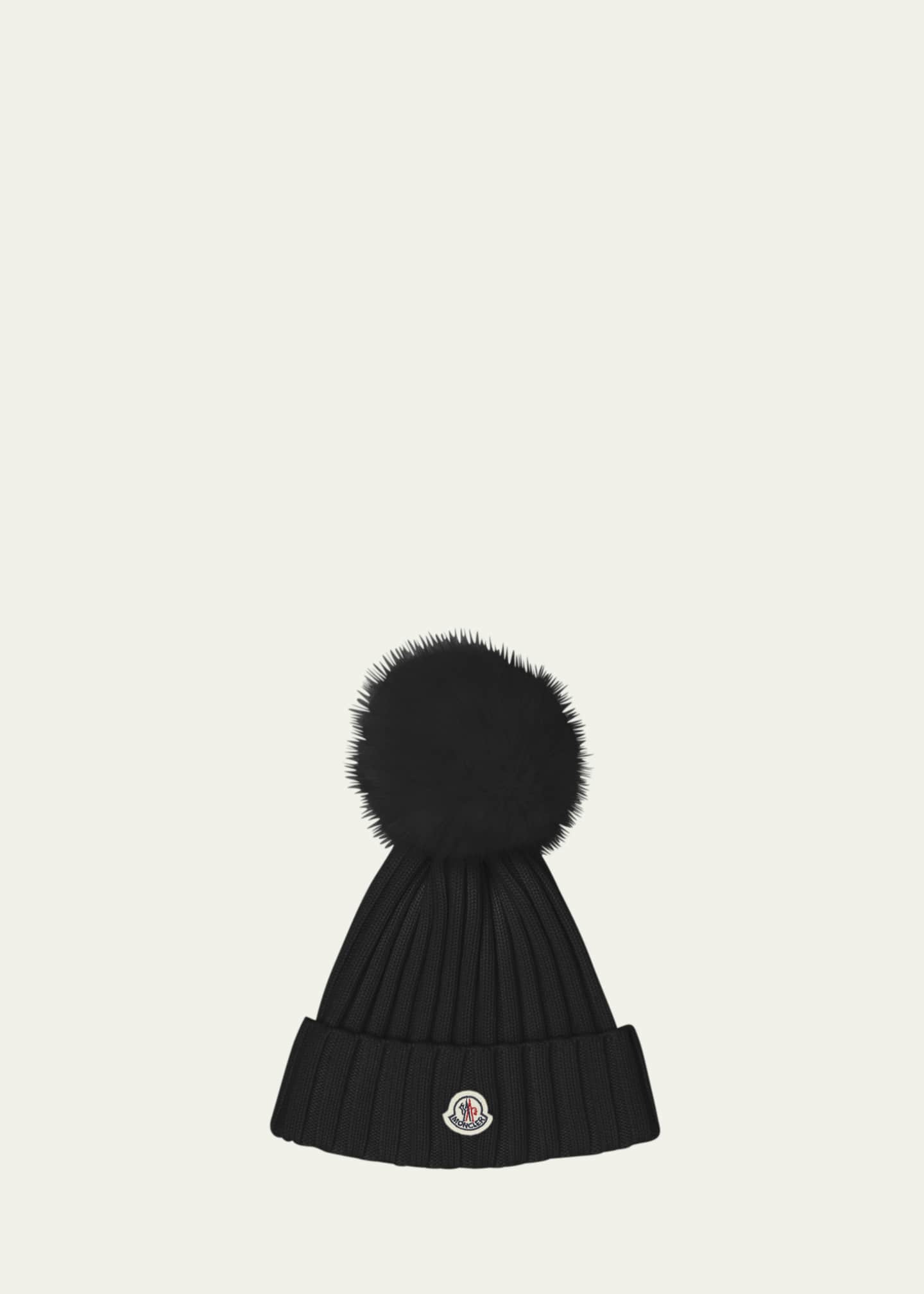 Moncler Ribbed Logo Beanie with Faux Fur Pom Image 1 of 2