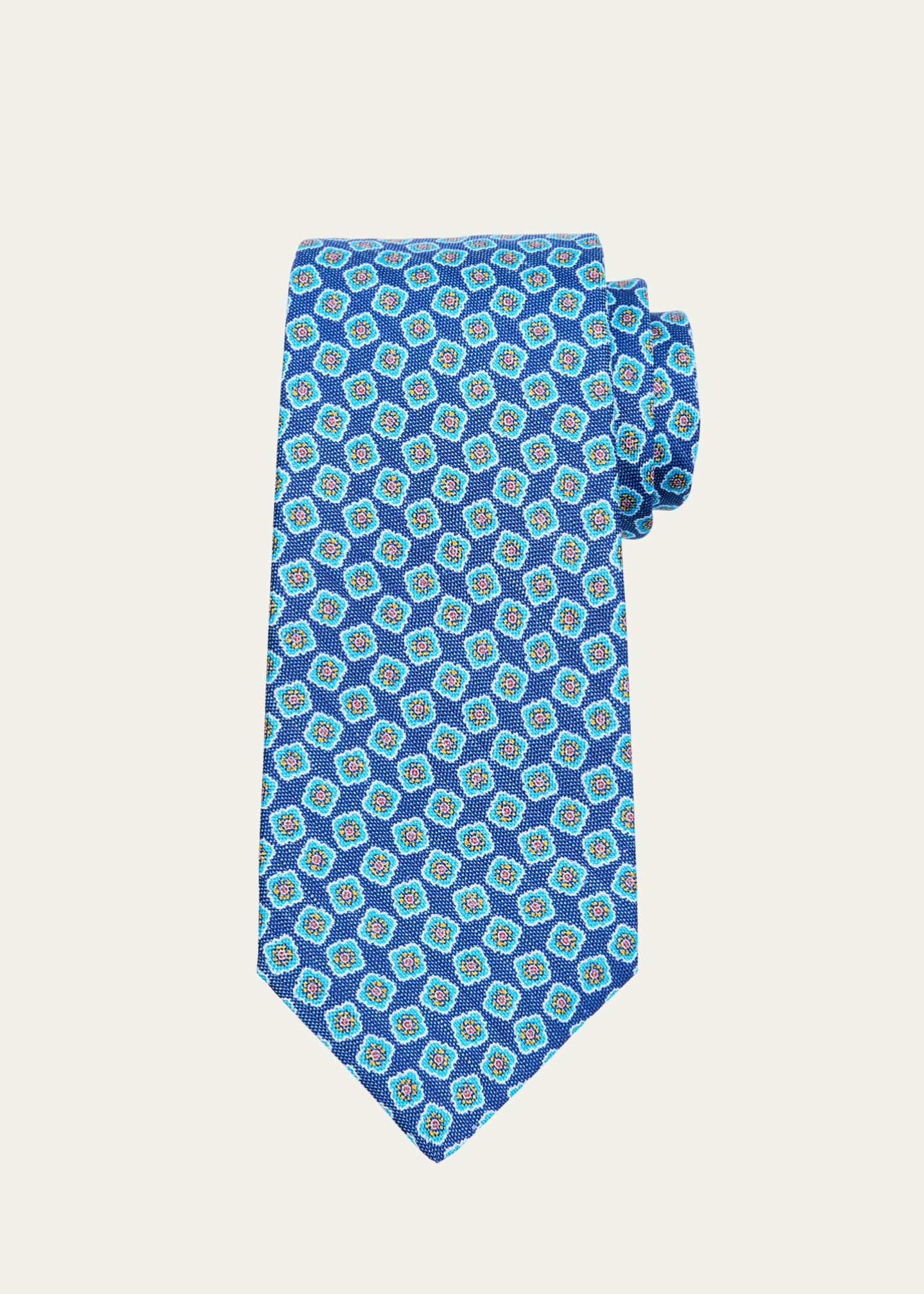 Kiton Men's Square Floral Silk and Linen Tie