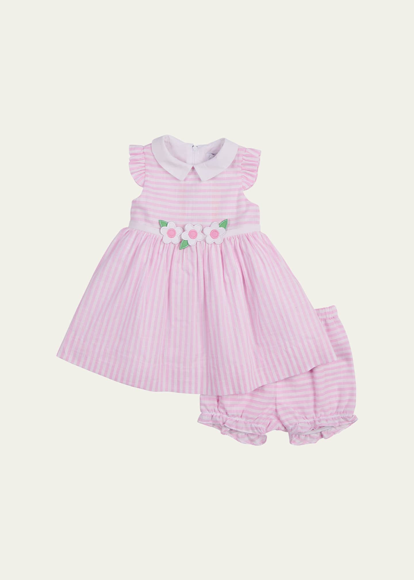 Florence Eiseman Girl's Floral Embroidered Stripe Dress with Bloomers, Size 3M-24M Image 1 of 2