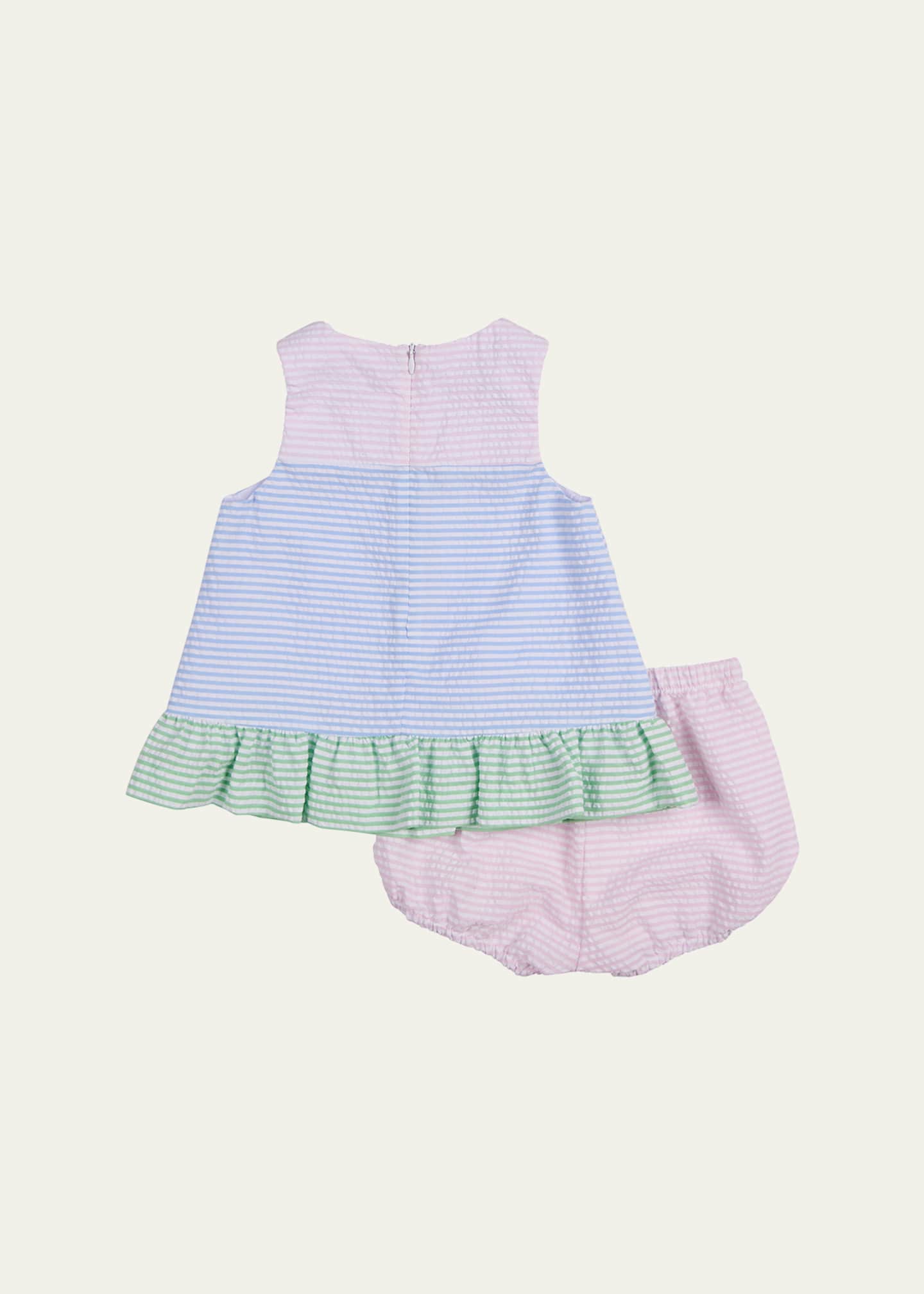 Florence Eiseman Girl's Flowers Stripe Seersucker Dress and Bloomers Set, Size 3M-24M Image 2 of 2