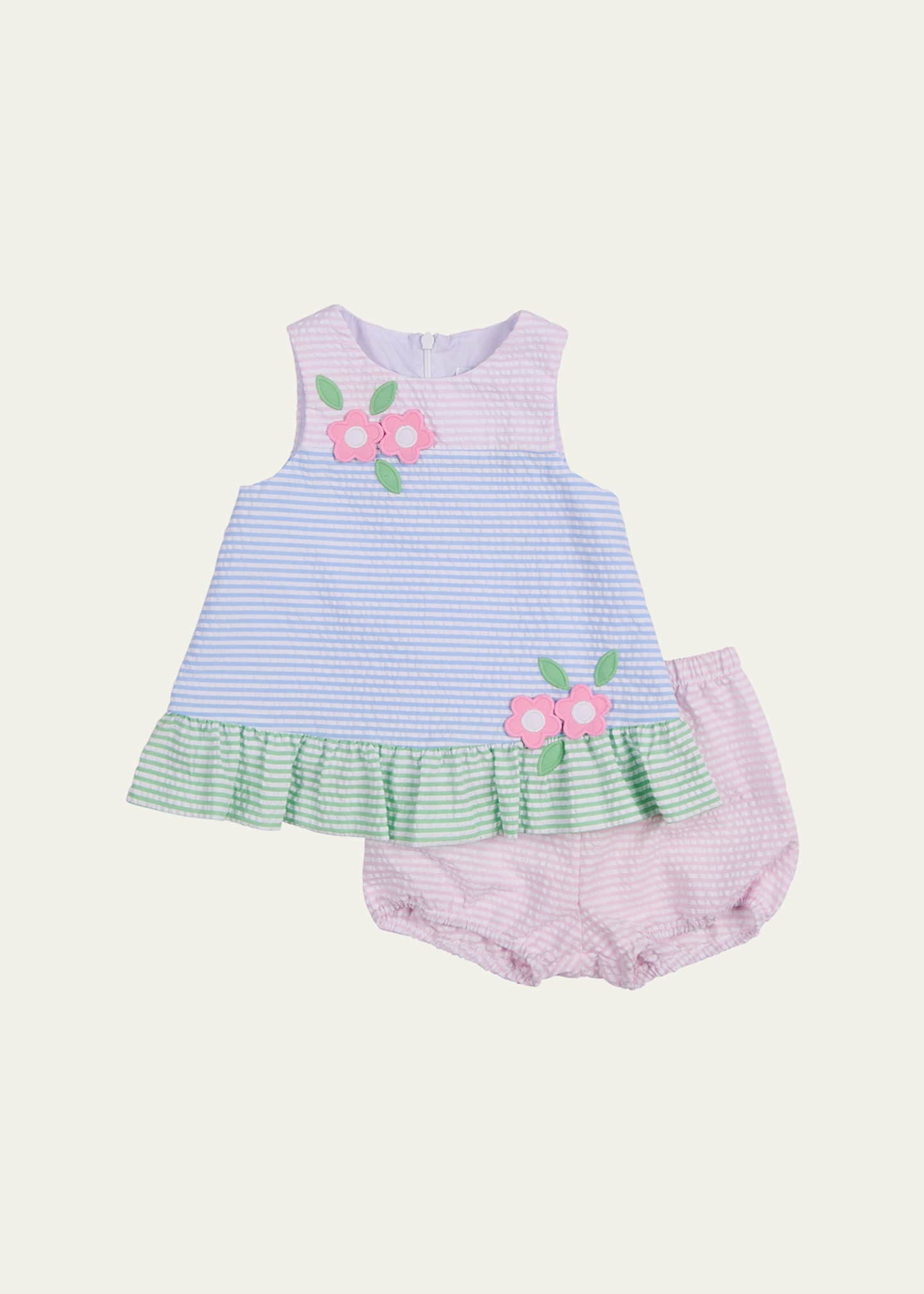 Florence Eiseman Girl's Flowers Stripe Seersucker Dress and Bloomers Set, Size 3M-24M Image 1 of 2