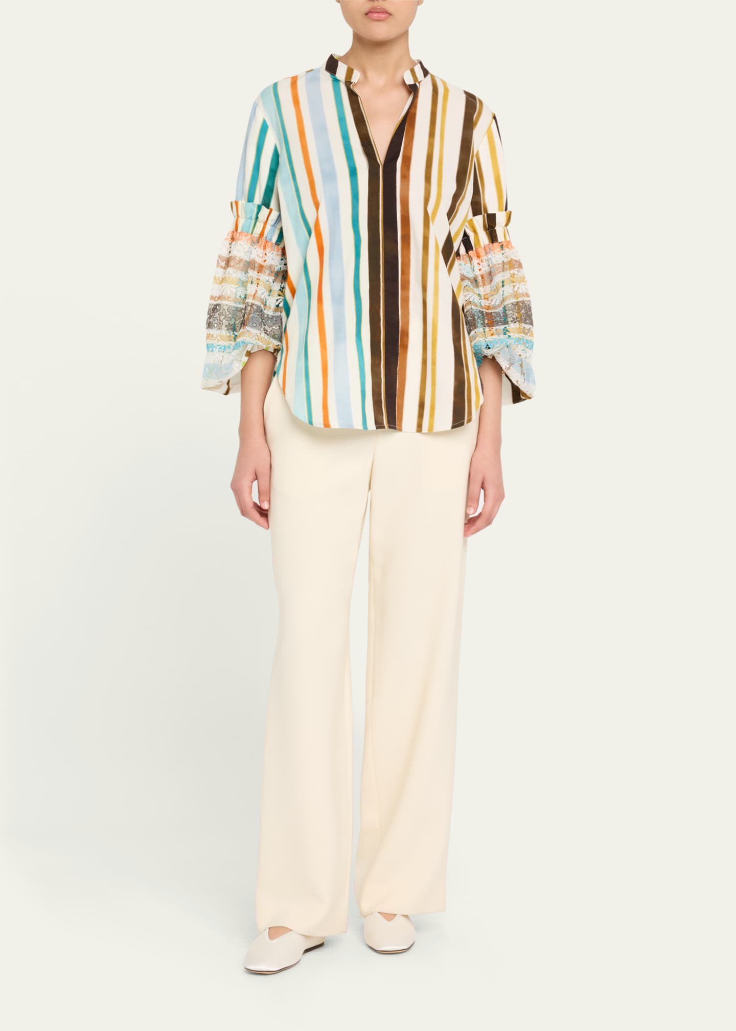 Silvia Tcherassi Nuru Striped Eyelet Puff-Sleeve Blouse Image 2 of 5