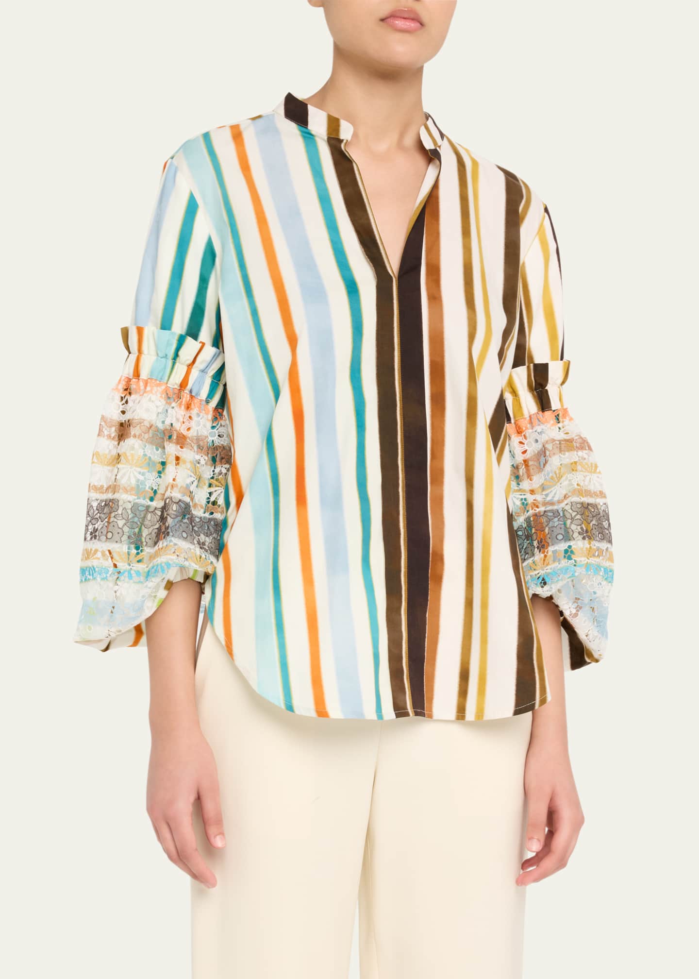 Silvia Tcherassi Nuru Striped Eyelet Puff-Sleeve Blouse Image 4 of 5