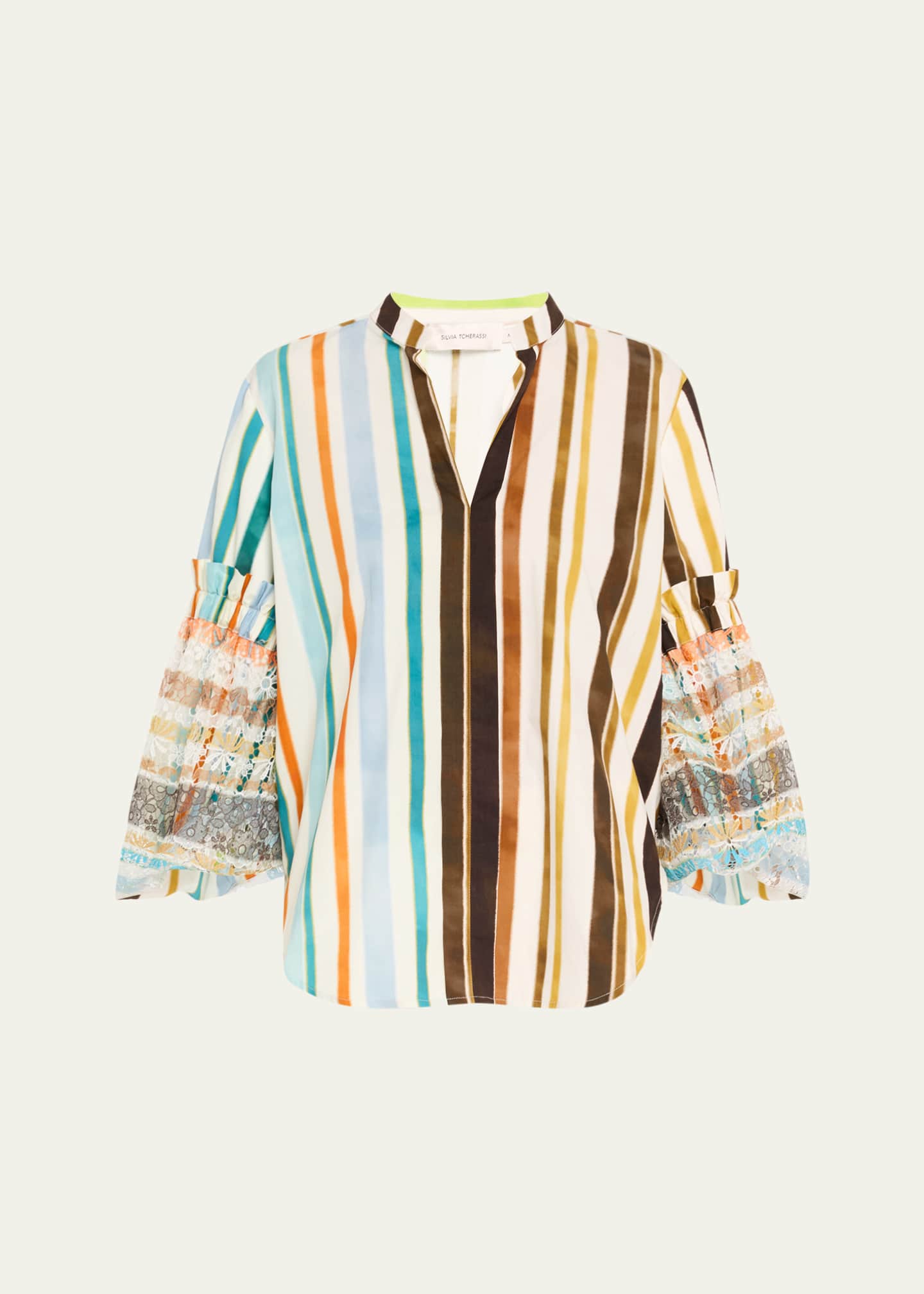 Silvia Tcherassi Nuru Striped Eyelet Puff-Sleeve Blouse Image 1 of 5