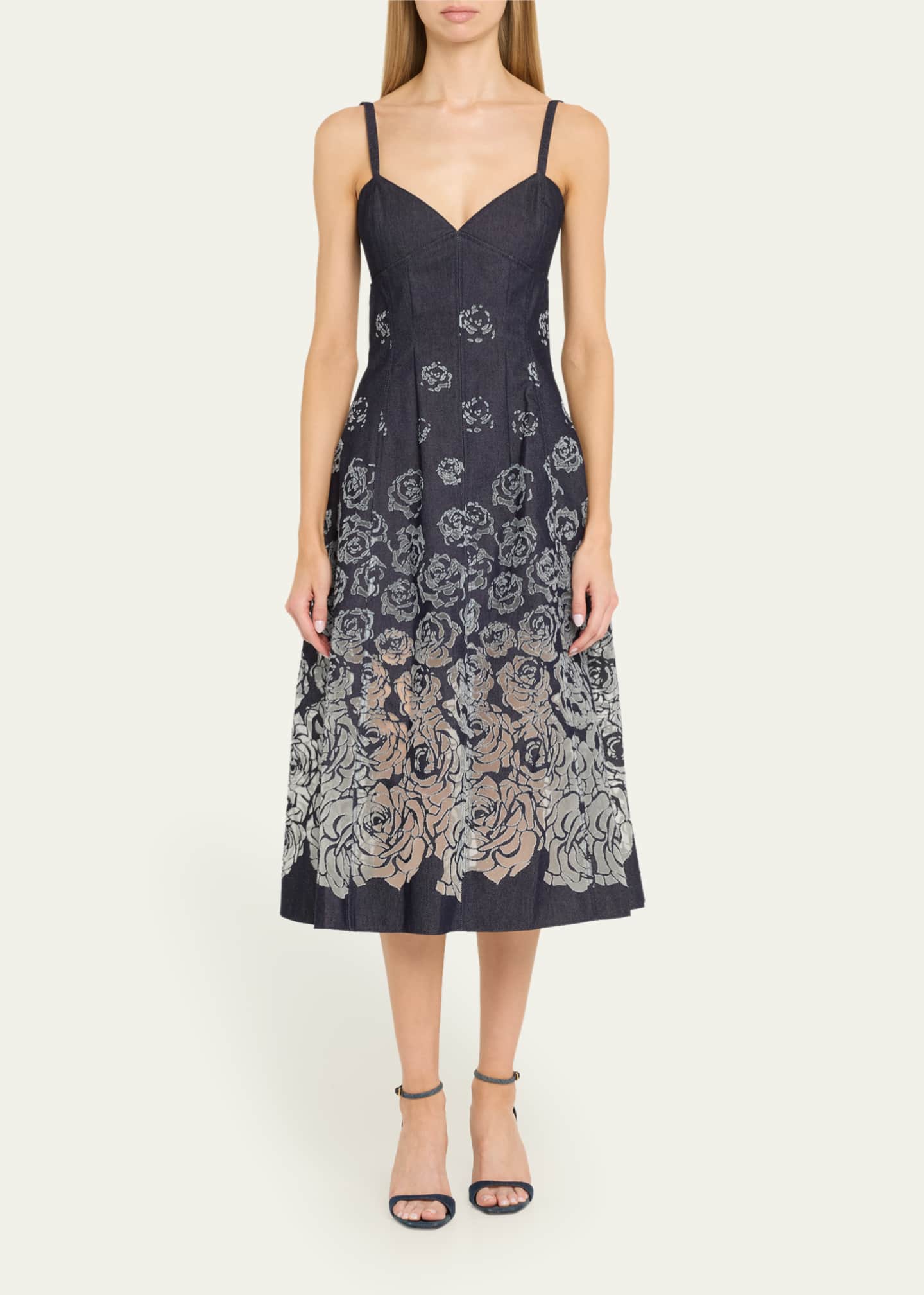 Oscar de la Renta V-Neck Rose Denim Devore Sleeveless Midi Dress Image 2 of 5
