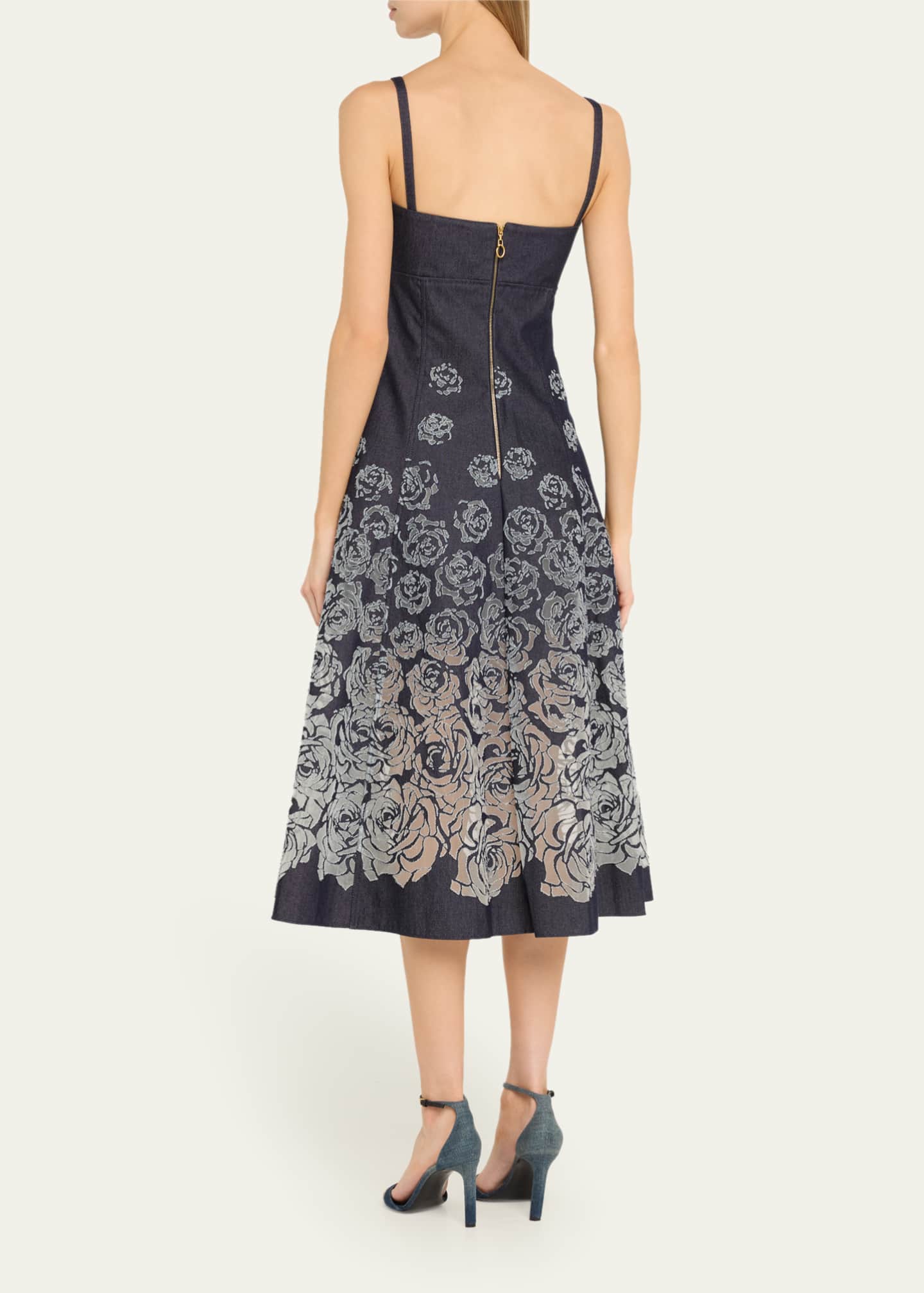 Oscar de la Renta V-Neck Rose Denim Devore Sleeveless Midi Dress Image 3 of 5