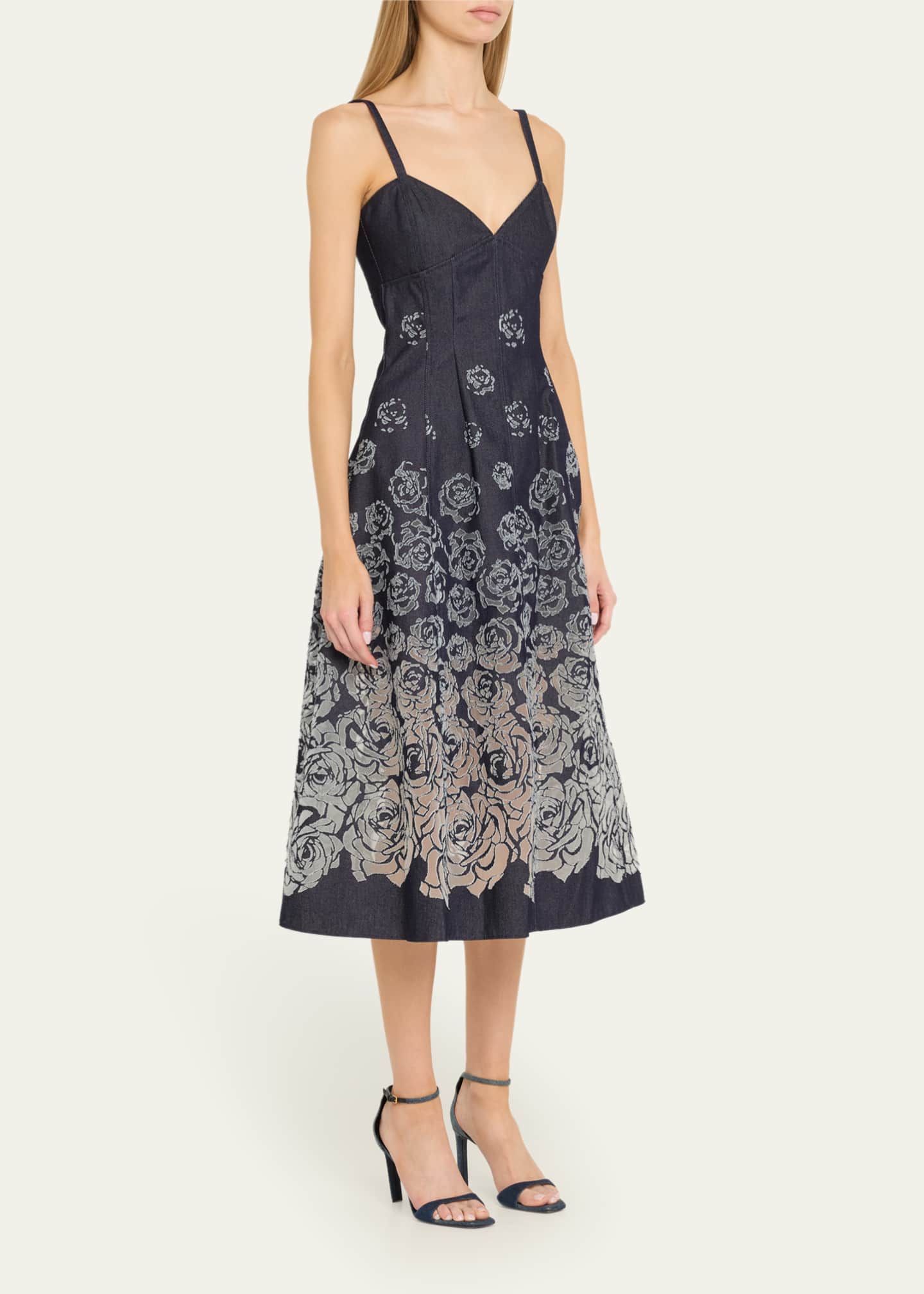 Oscar de la Renta V-Neck Rose Denim Devore Sleeveless Midi Dress Image 4 of 5
