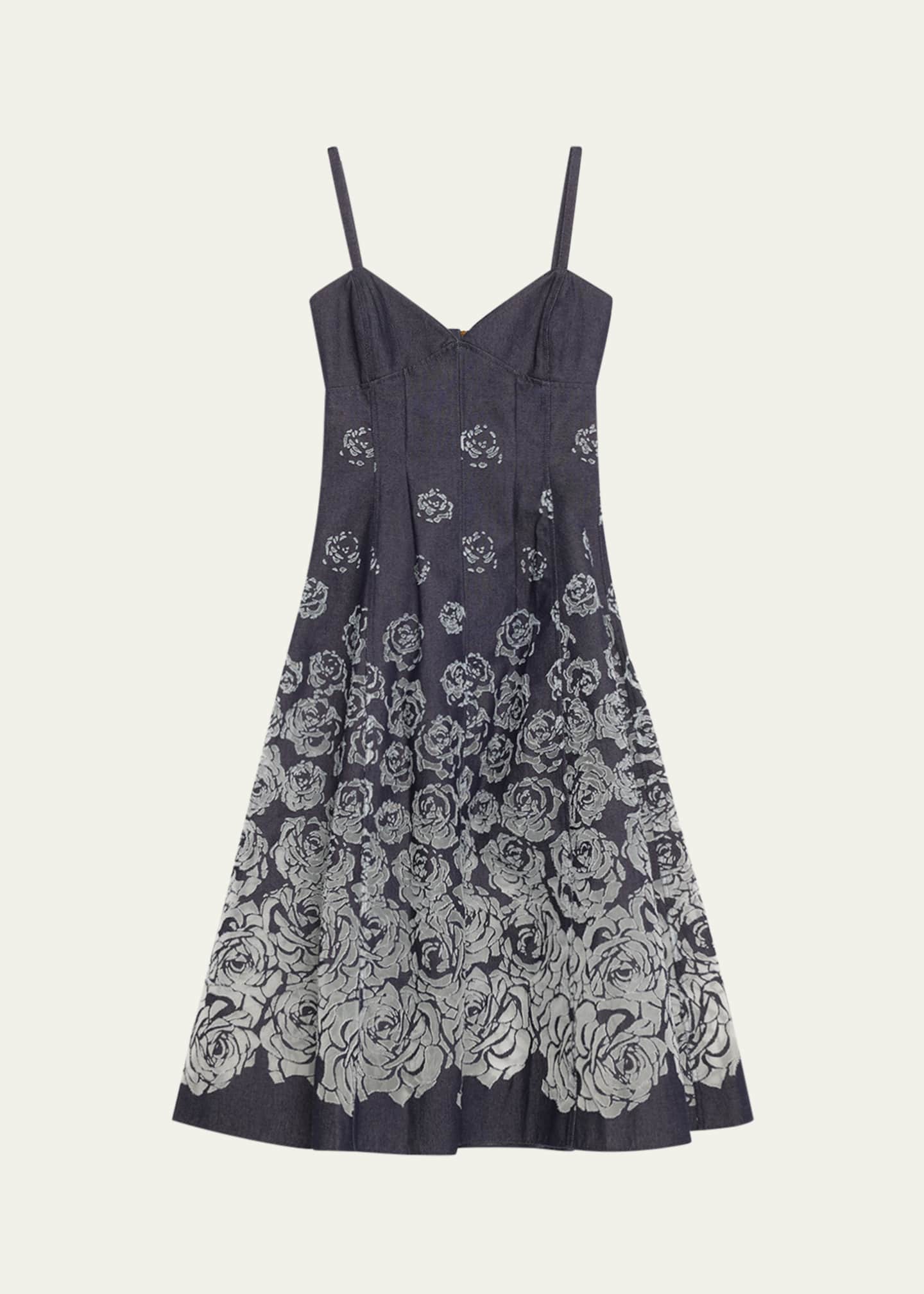 Oscar de la Renta V-Neck Rose Denim Devore Sleeveless Midi Dress Image 1 of 5
