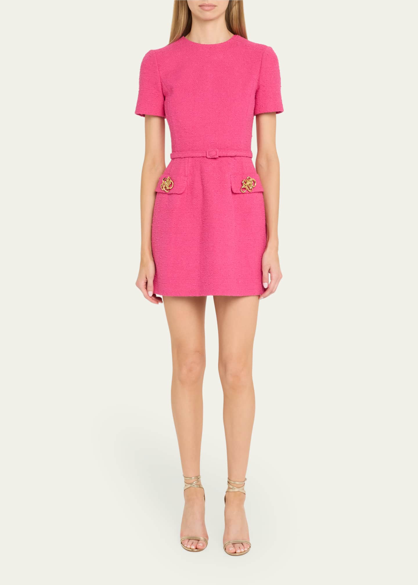 Oscar de la Renta Short-Sleeve Rose-Button Tweed Mini Day Dress With Belt Image 2 of 5