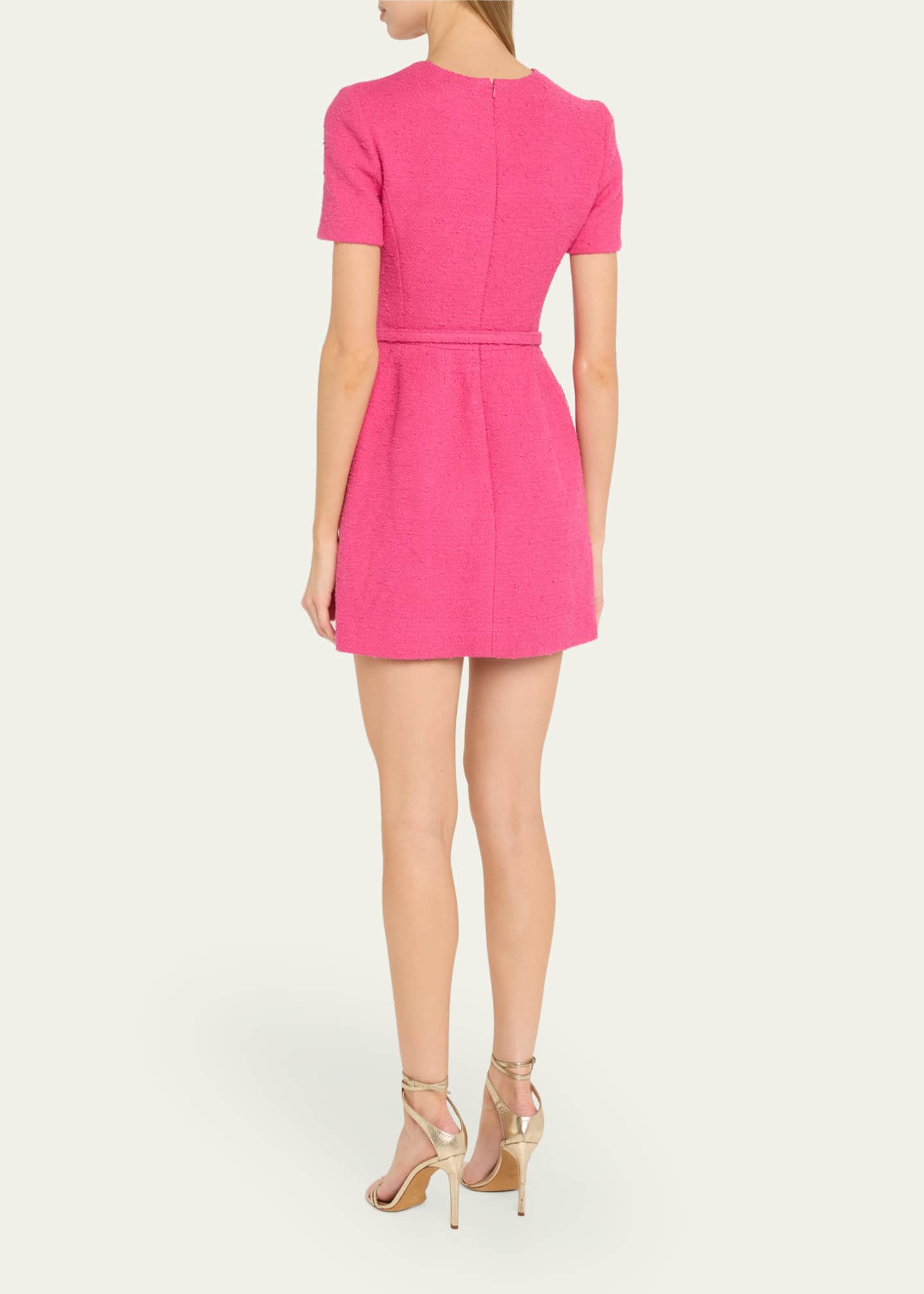 Oscar de la Renta Short-Sleeve Rose-Button Tweed Mini Day Dress With Belt Image 3 of 5
