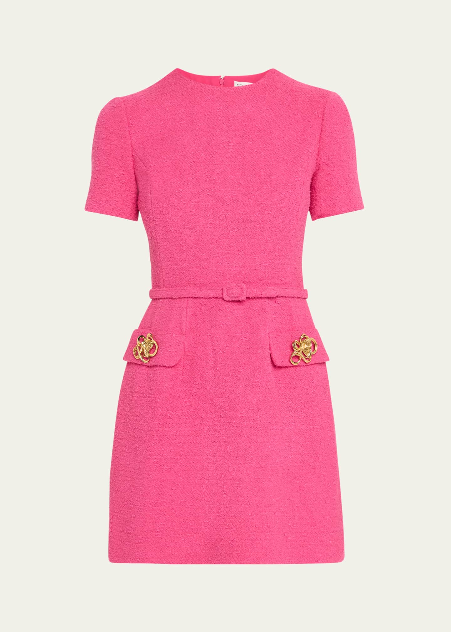 Oscar de la Renta Short-Sleeve Rose-Button Tweed Mini Day Dress With Belt Image 1 of 5