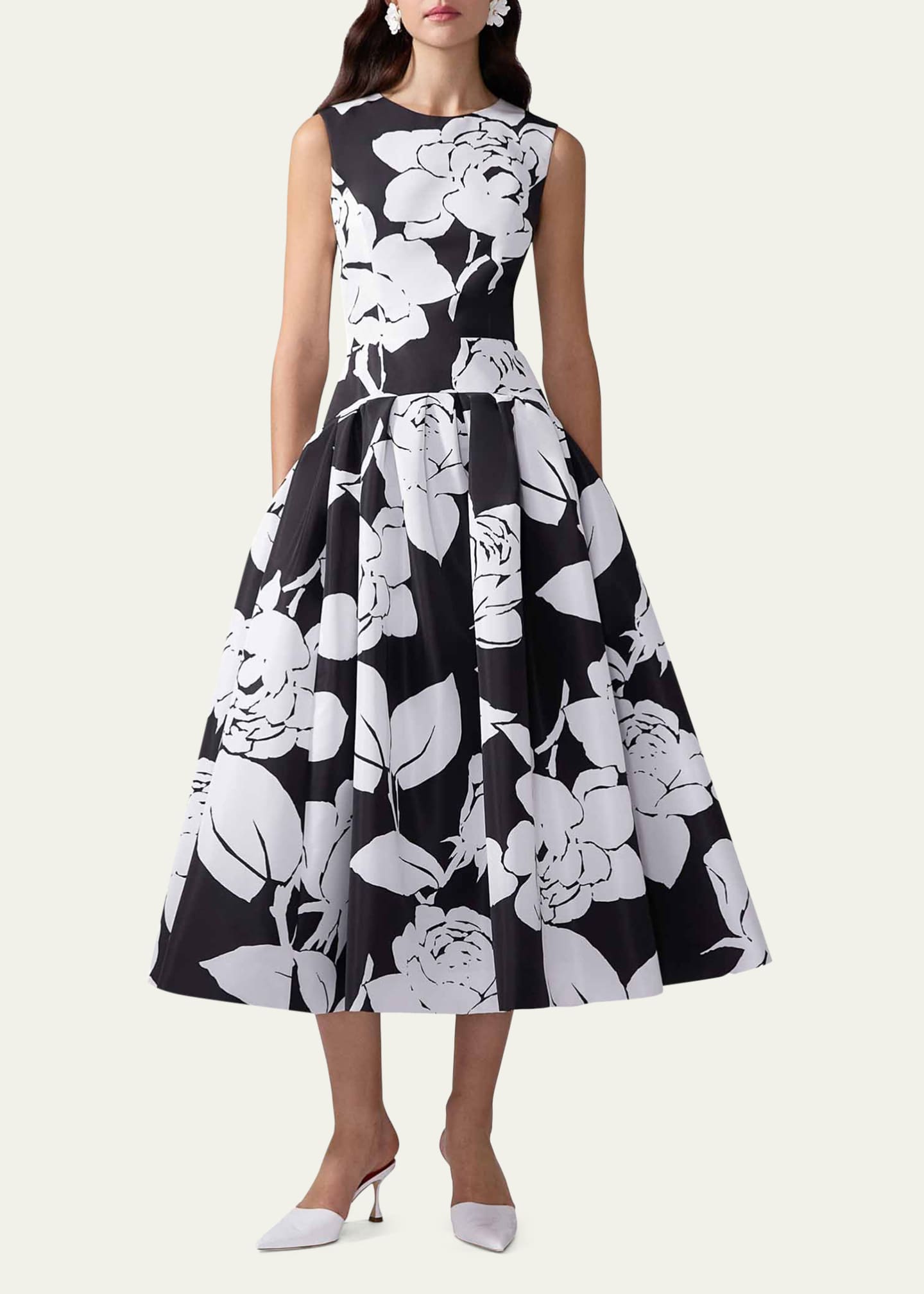 Carolina Herrera Floral-Print Sleeveless Drop-Waist Midi Dress Image 2 of 3