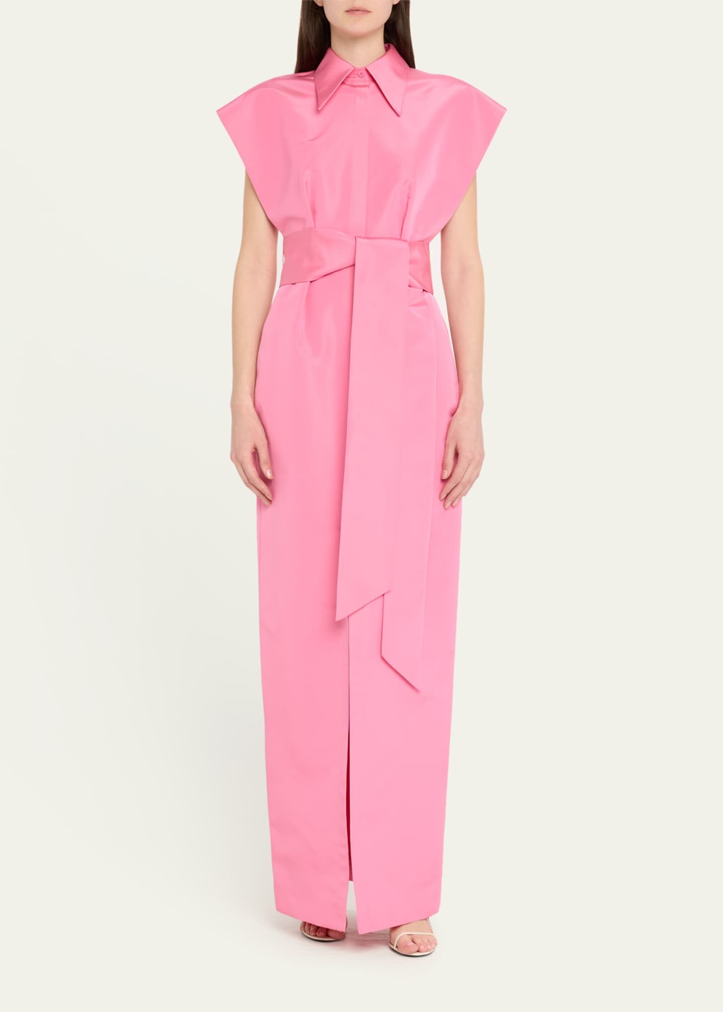Carolina Herrera Cap-Sleeve Belted Column Trench Gown Image 2 of 5