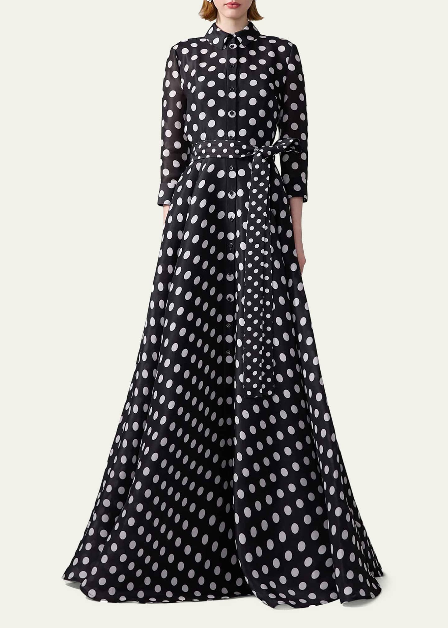 Carolina Herrera Polka-Dot Silk 3/4-Sleeve Trench Gown Image 2 of 4