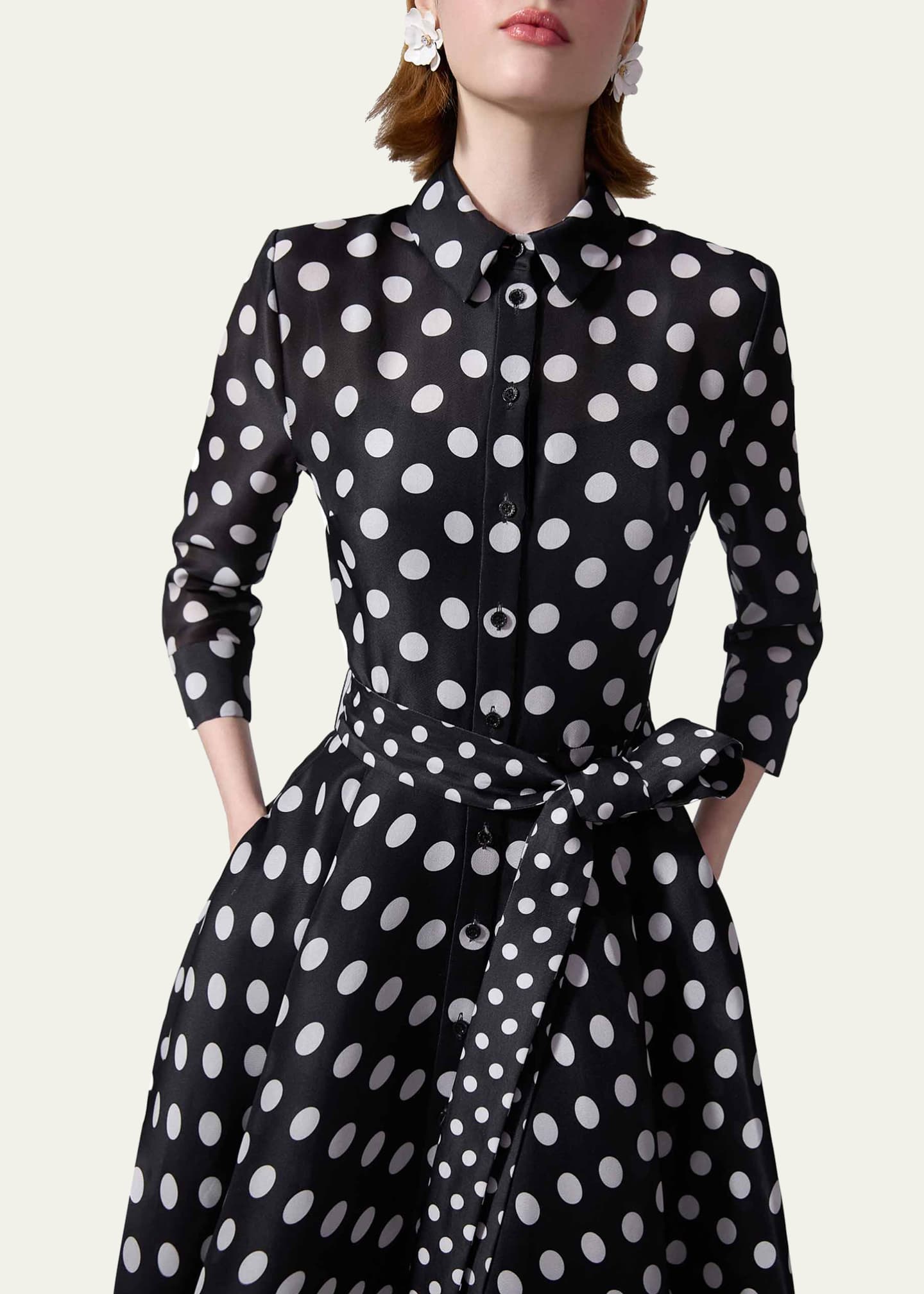 Carolina Herrera Polka-Dot Silk 3/4-Sleeve Trench Gown Image 4 of 4