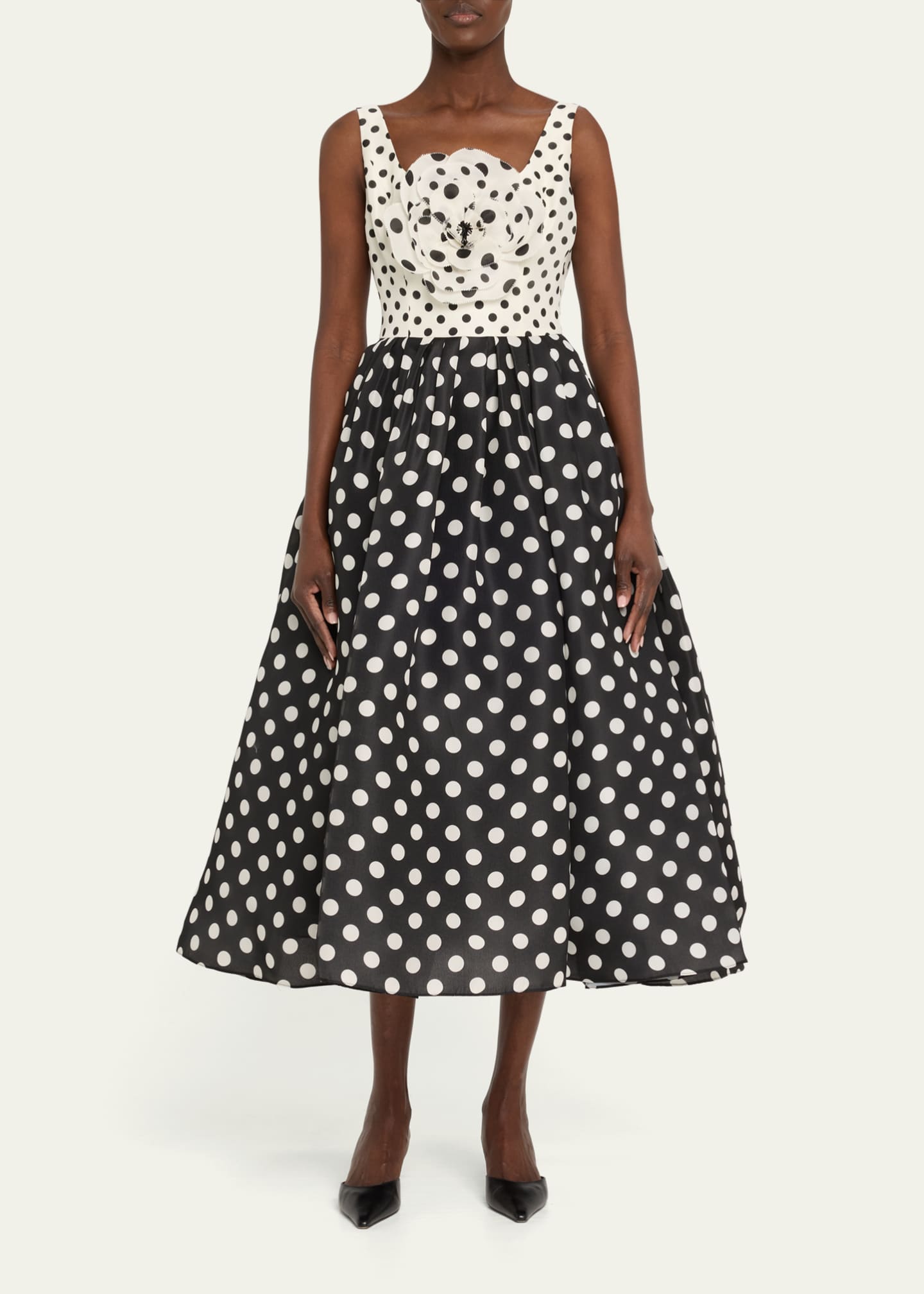 Carolina Herrera Polka-Dot Flower Sleeveless Tea-Length Dress Image 2 of 5
