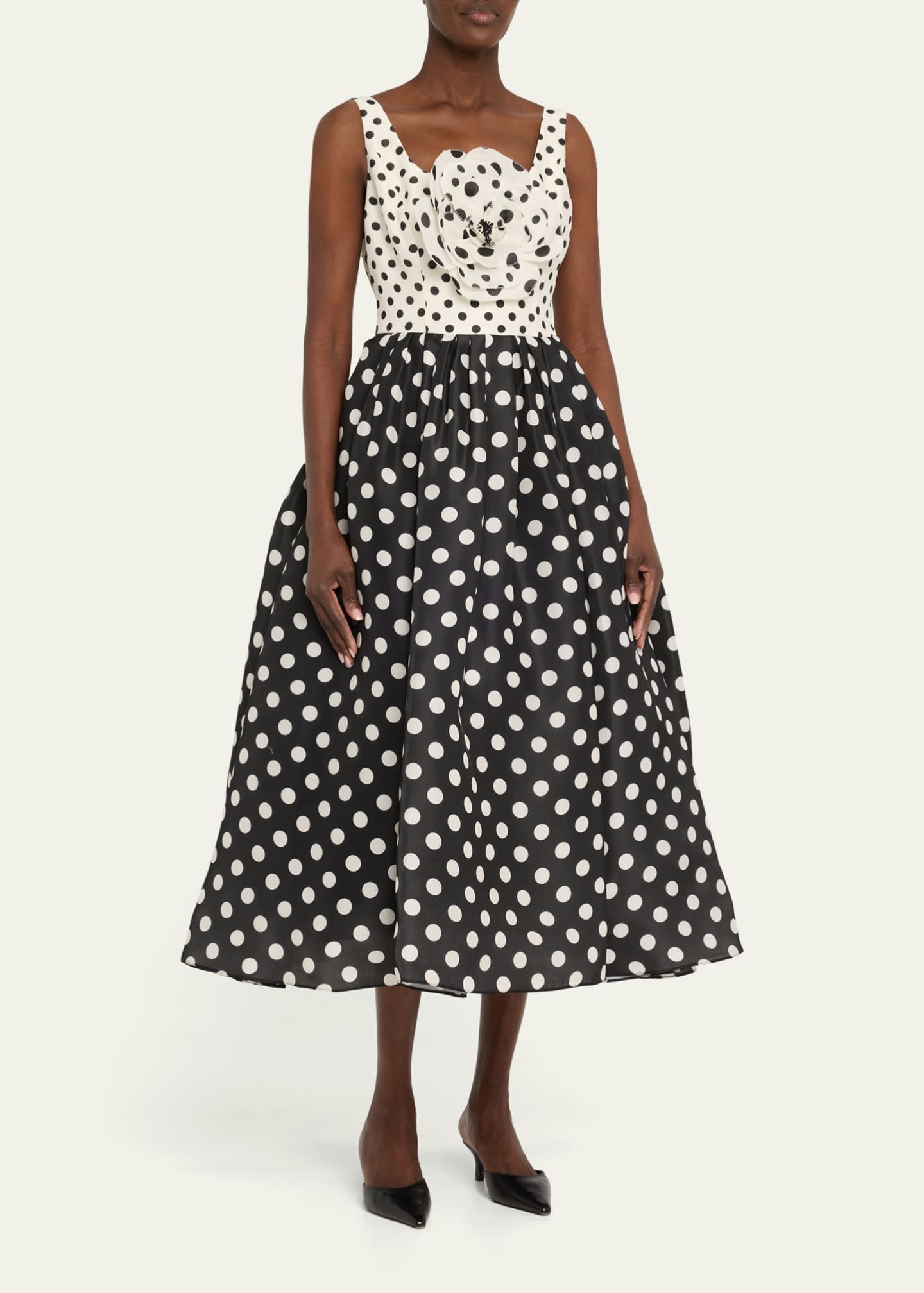 Carolina Herrera Polka-Dot Flower Sleeveless Tea-Length Dress Image 4 of 5
