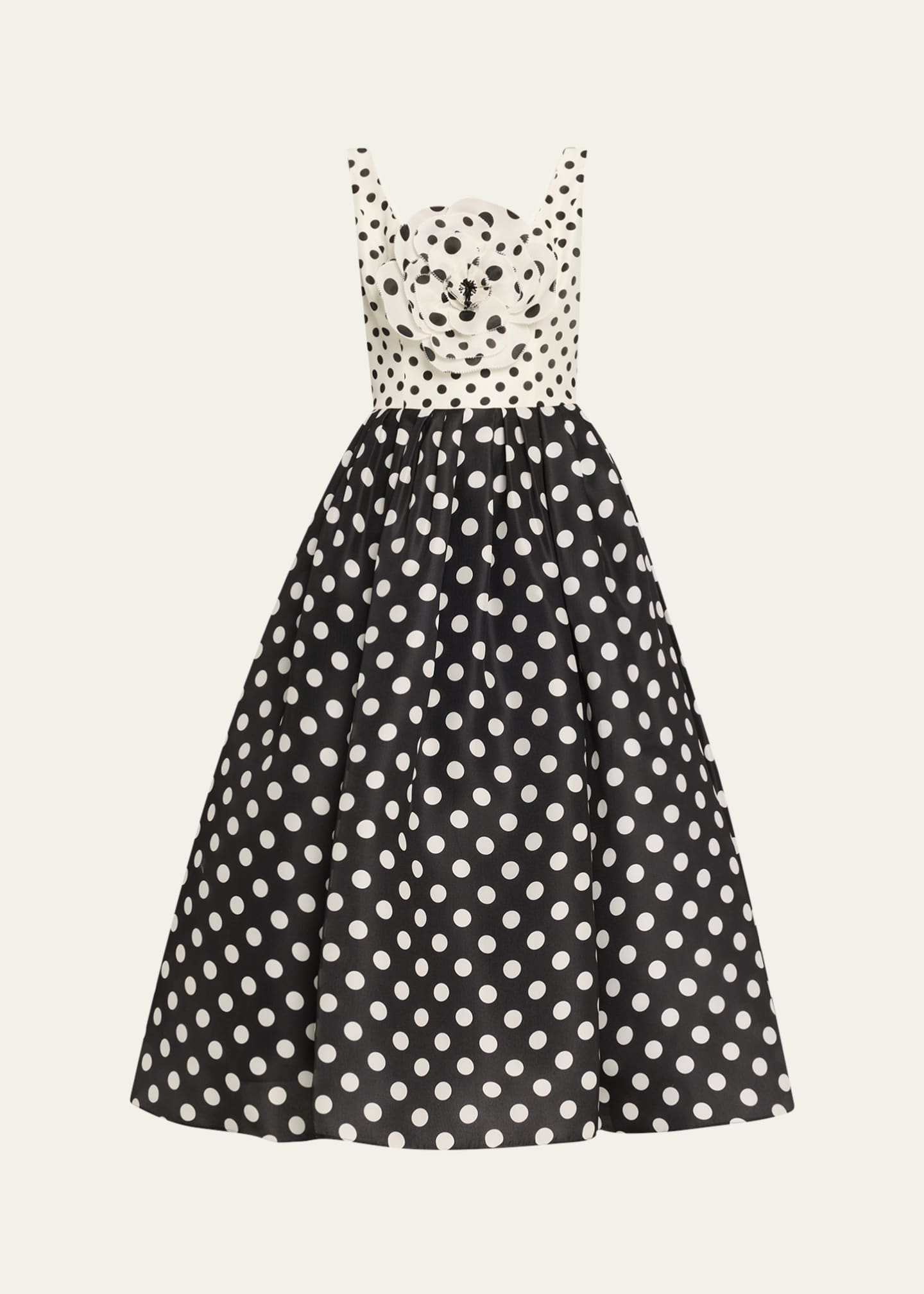 Carolina Herrera Polka-Dot Flower Sleeveless Tea-Length Dress Image 1 of 5
