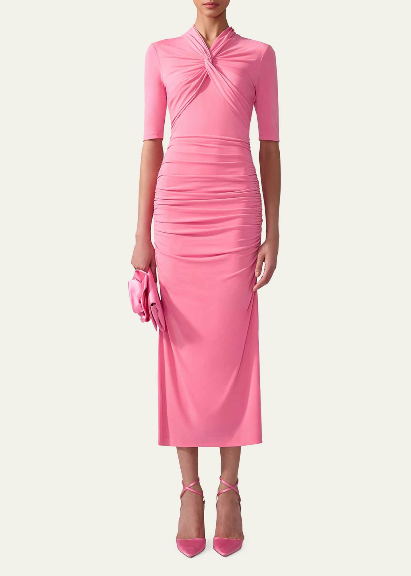 Carolina Herrera Twisted-Neck Ruched Midi Dress Image 2 of 3