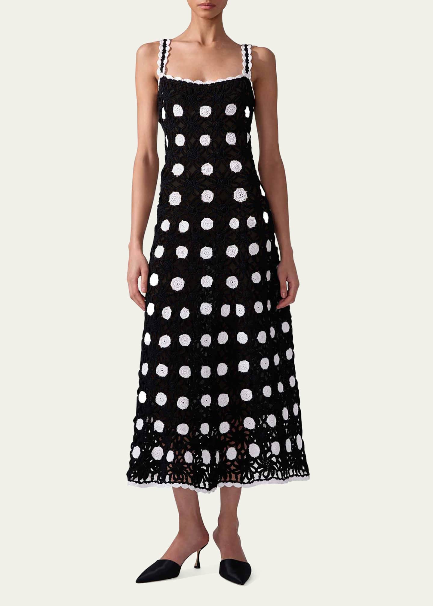 Carolina Herrera Polka-Dot Crochet-Knit Sleeveless Midi Dress Image 2 of 4
