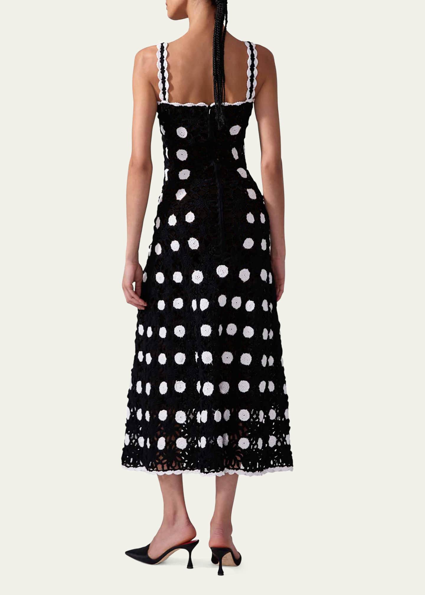 Carolina Herrera Polka-Dot Crochet-Knit Sleeveless Midi Dress Image 3 of 4