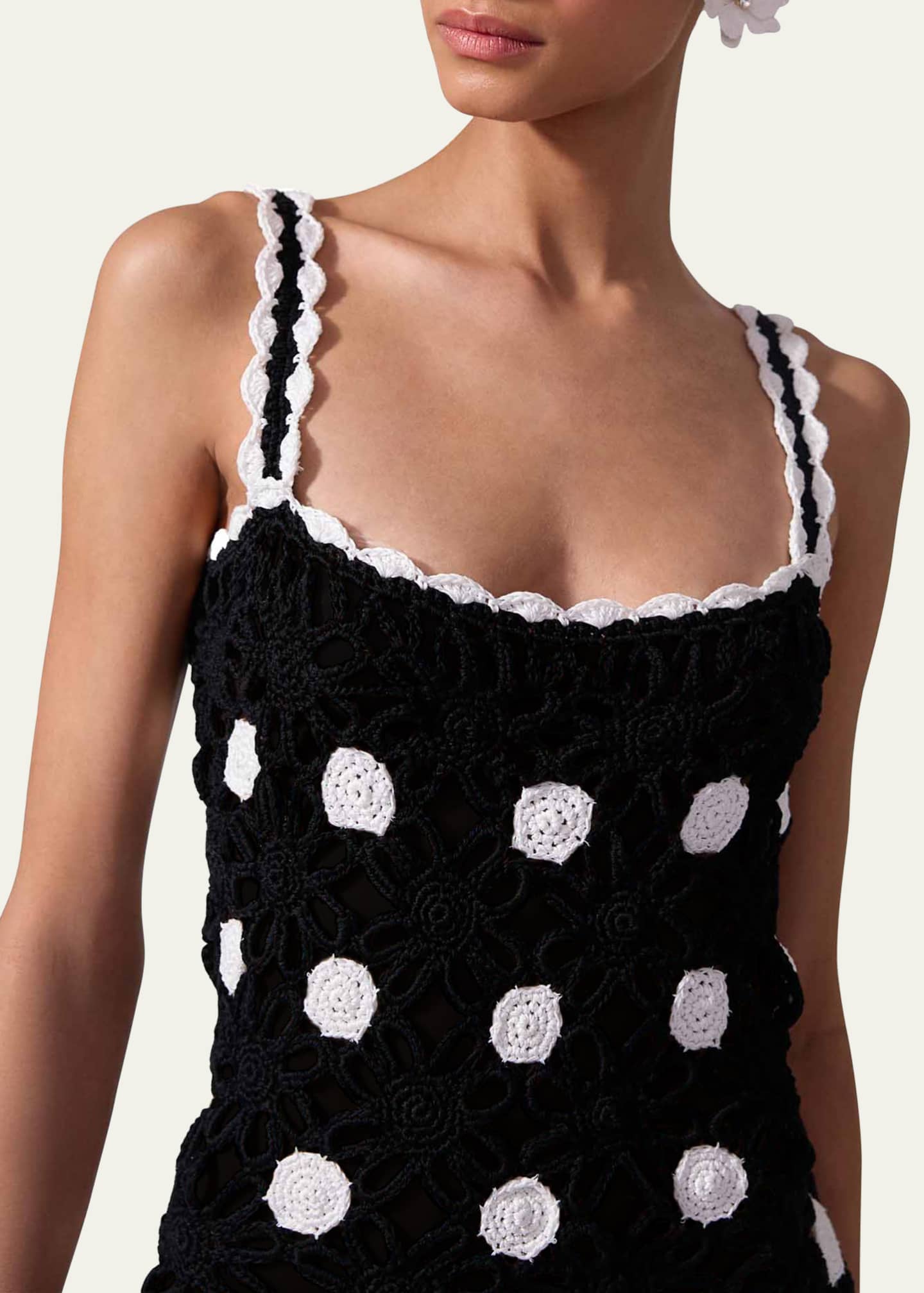 Carolina Herrera Polka-Dot Crochet-Knit Sleeveless Midi Dress Image 4 of 4