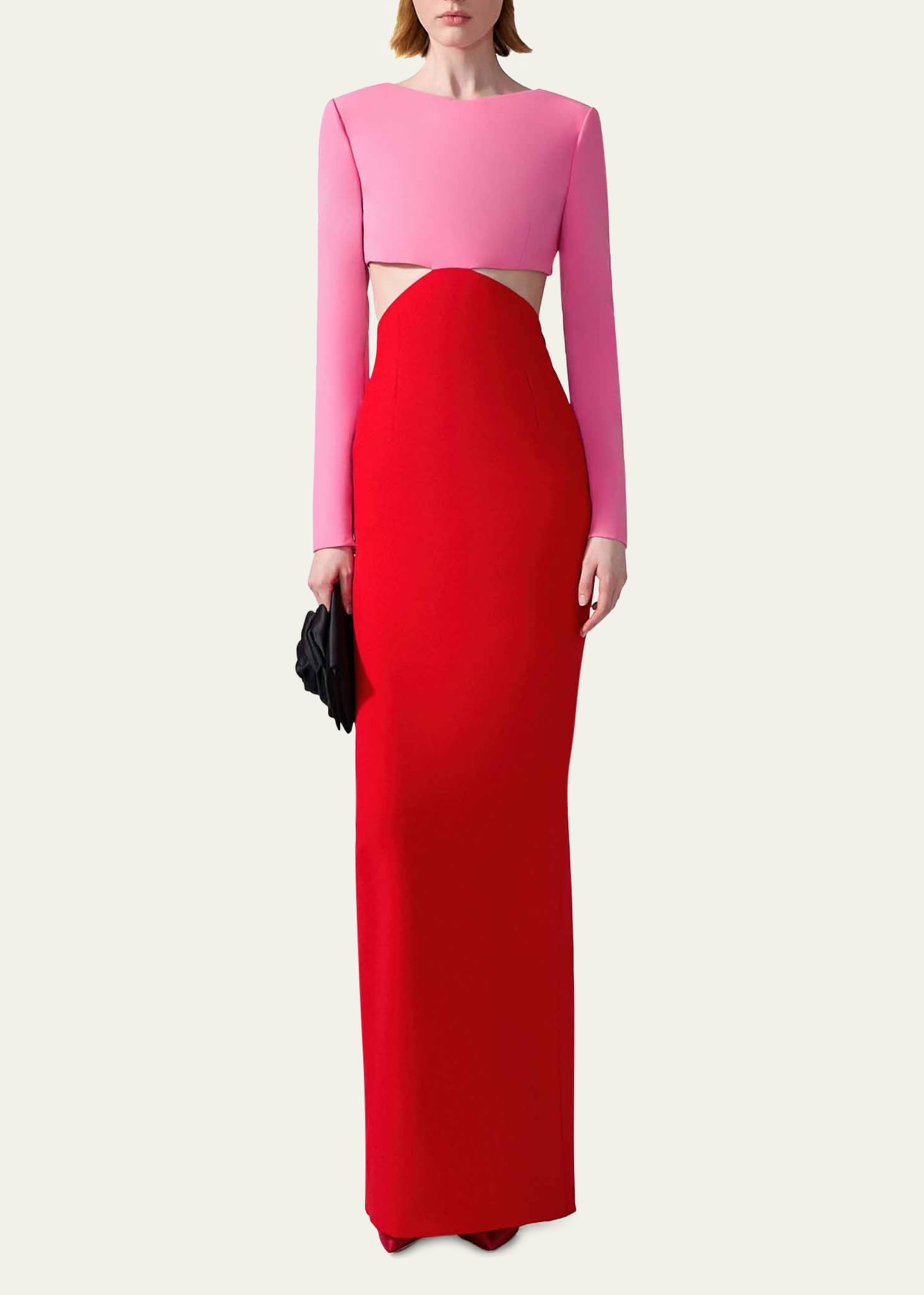Carolina Herrera Colorblock Long-Sleeve Cutout Column Gown Image 2 of 3
