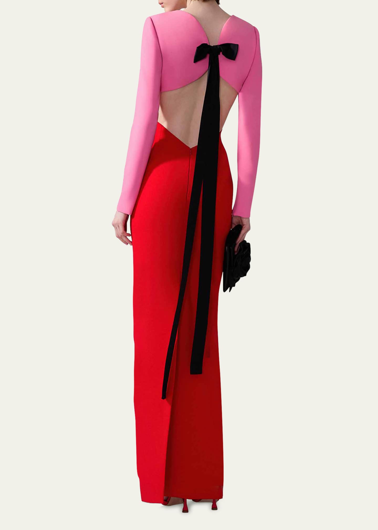 Carolina Herrera Colorblock Long-Sleeve Cutout Column Gown Image 3 of 3