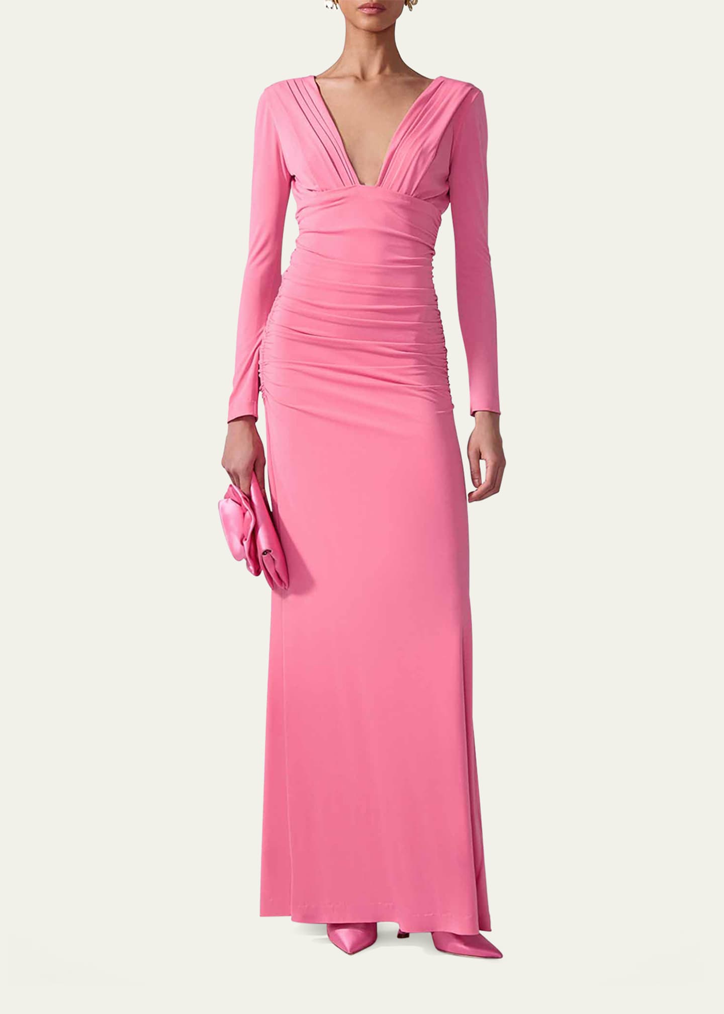 Carolina Herrera Plunging Ruched Long-Sleeve Maxi Dress Image 2 of 4