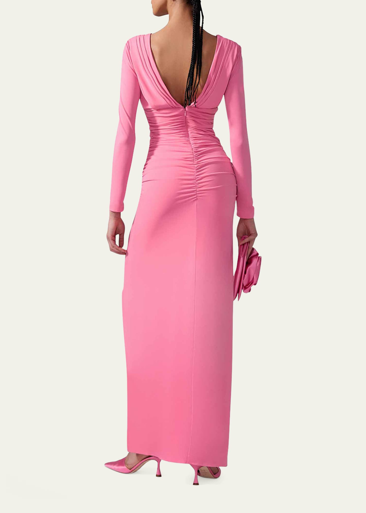 Carolina Herrera Plunging Ruched Long-Sleeve Maxi Dress Image 3 of 4