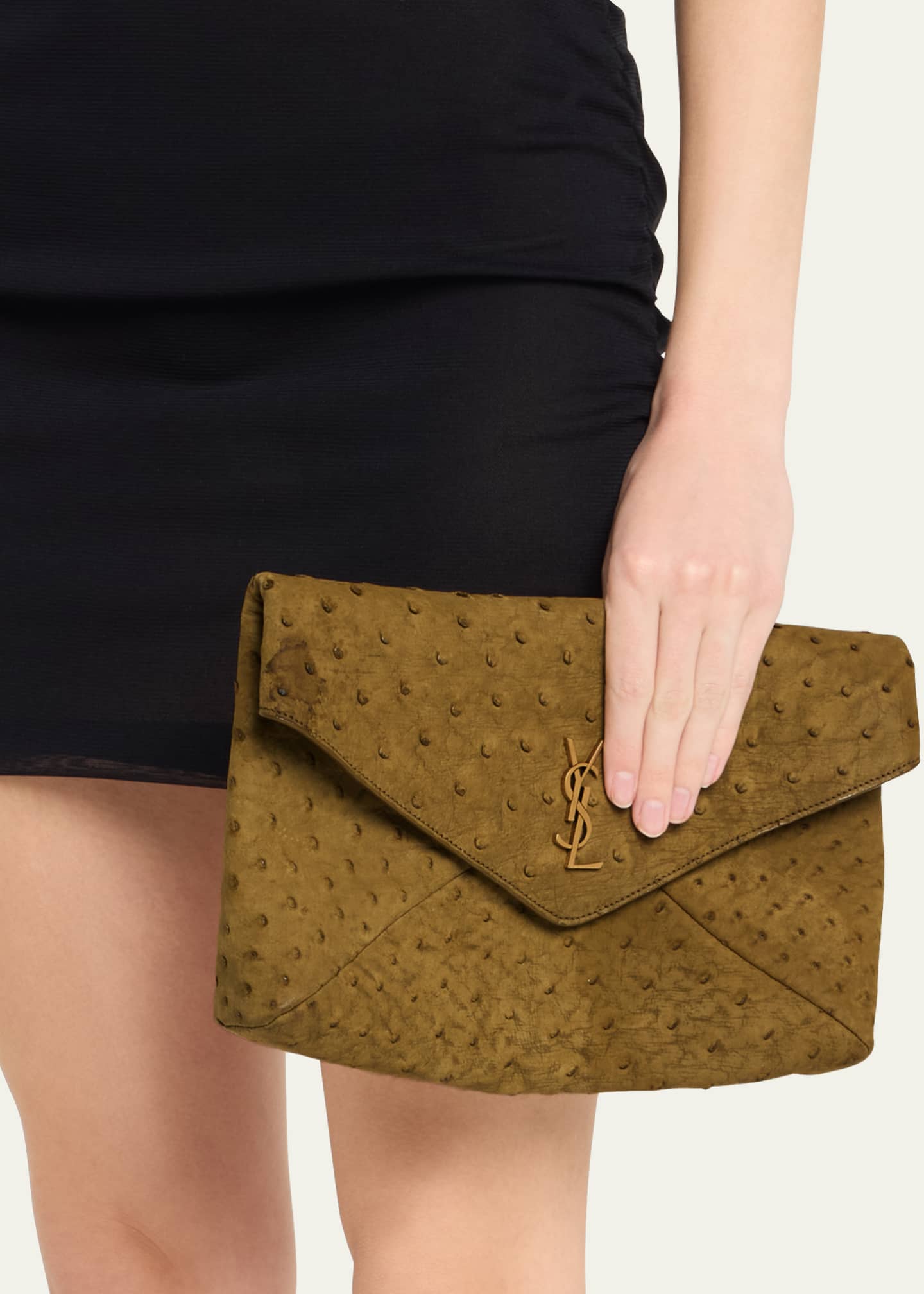 Saint Laurent Large YSL Envelope Clutch Bag in Ostrich Nubuck