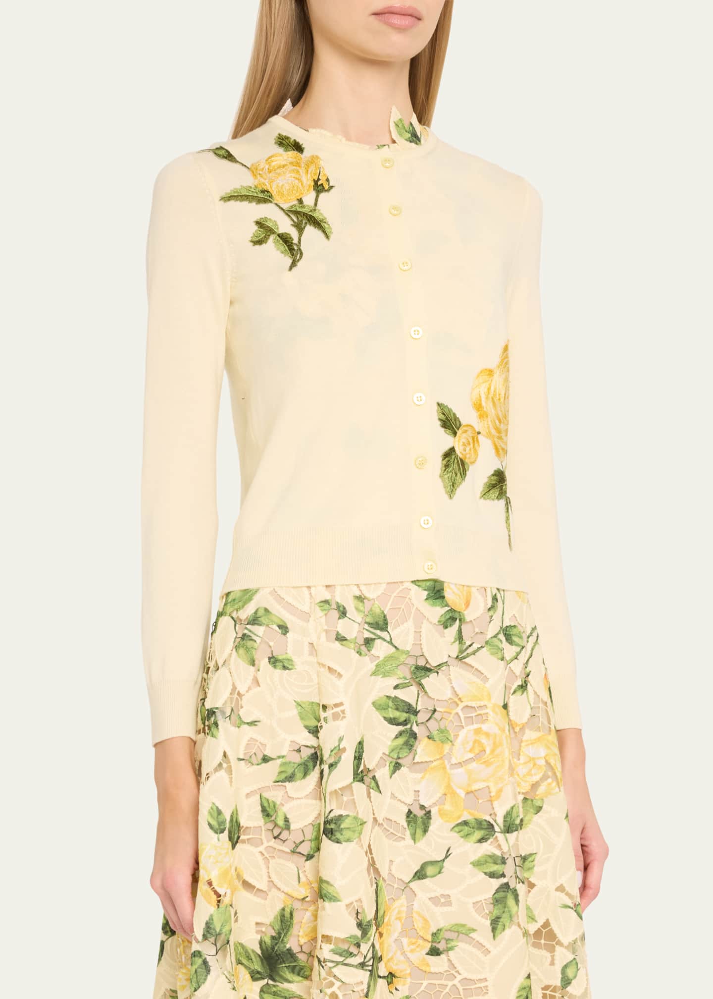 Oscar de la Renta Rose Embroidered Wool Cardigan Image 4 of 5
