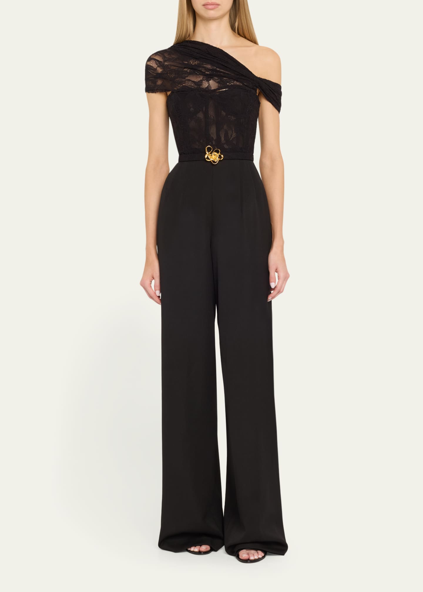 Oscar de la Renta Floral Lace Grain De Poudre Wide Leg Jumpsuit Image 2 of 5