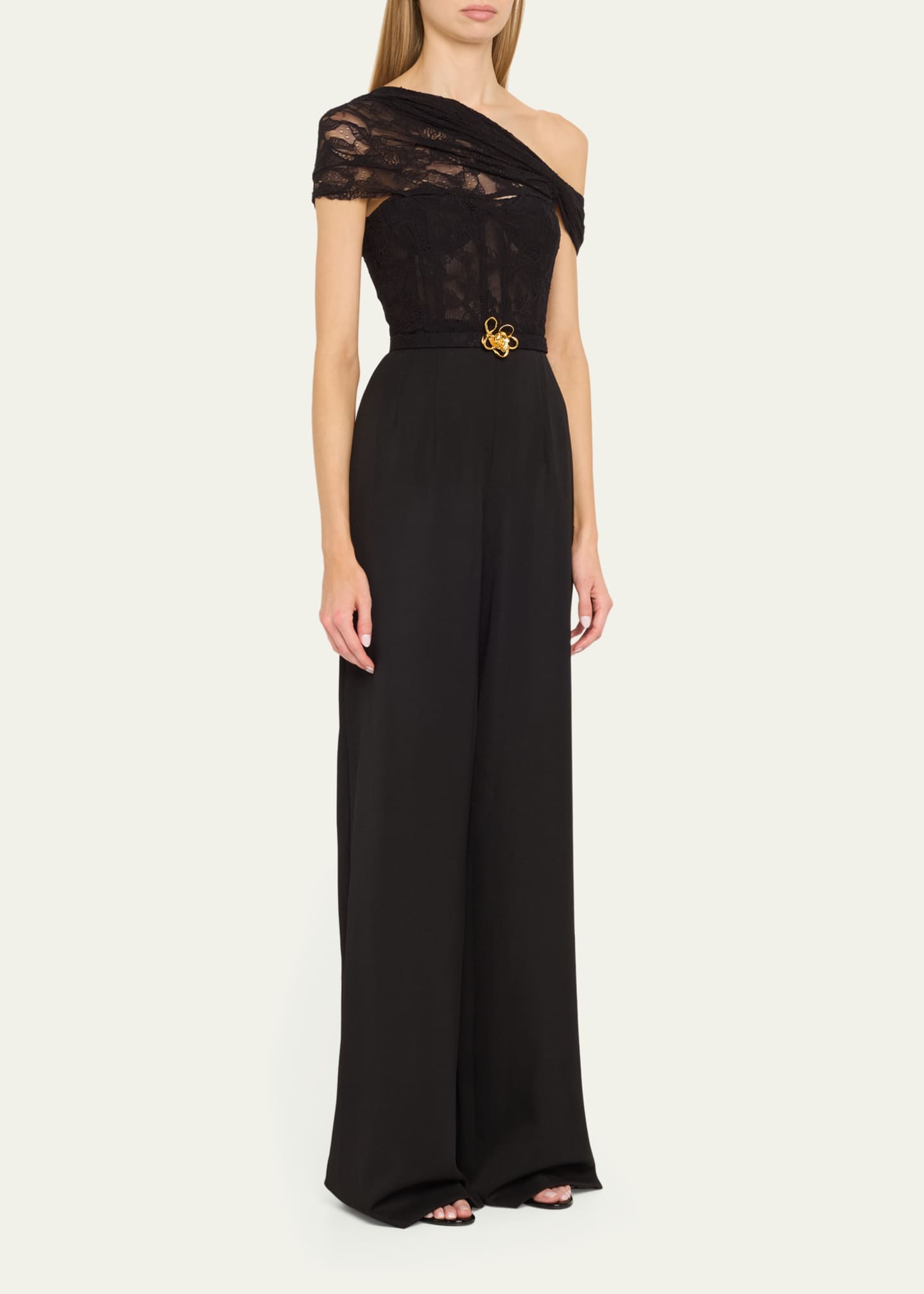 Oscar de la Renta Floral Lace Grain De Poudre Wide Leg Jumpsuit Image 4 of 5