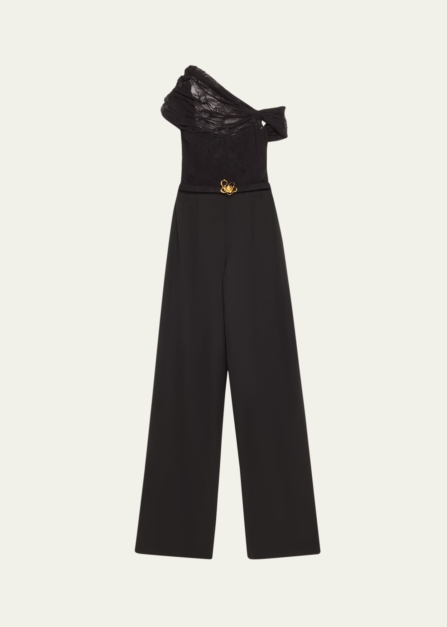 Oscar de la Renta Floral Lace Grain De Poudre Wide Leg Jumpsuit Image 1 of 5