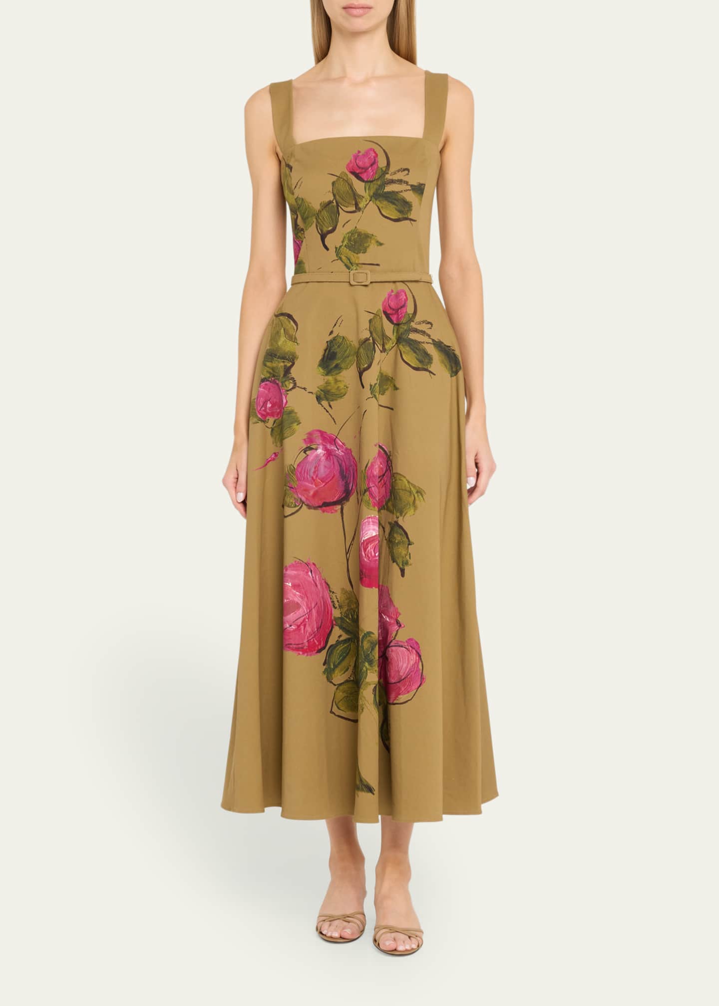 Oscar de la Renta Painted Roses Full Skirt Cotton Twill Dress Image 2 of 5