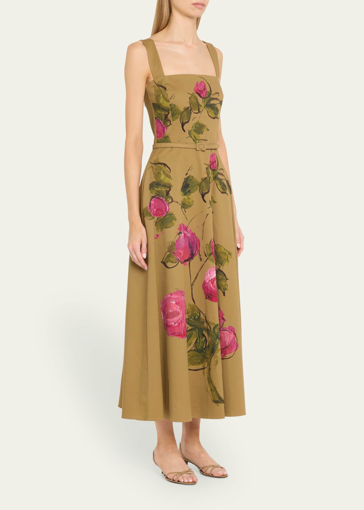 Oscar de la Renta Painted Roses Full Skirt Cotton Twill Dress Image 4 of 5