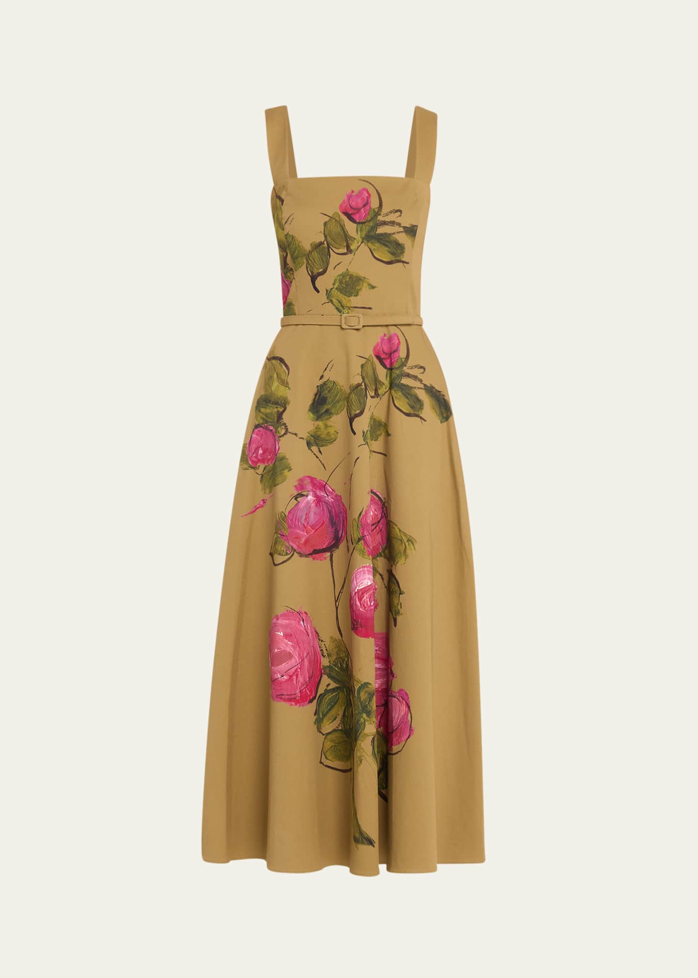 Oscar de la Renta Painted Roses Full Skirt Cotton Twill Dress Image 1 of 5