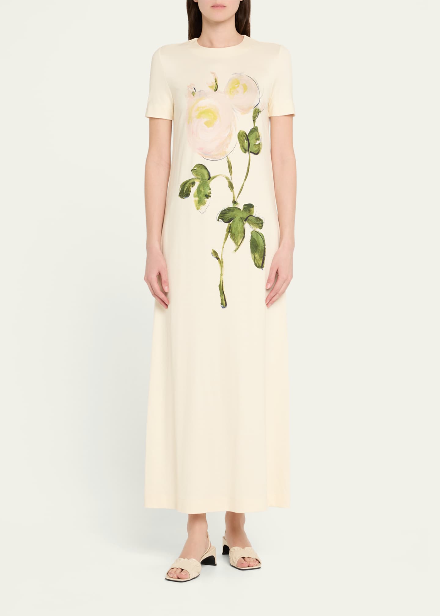 Oscar de la Renta Painted White Roses Jersey Short-Sleeve Maxi Dress Image 2 of 5