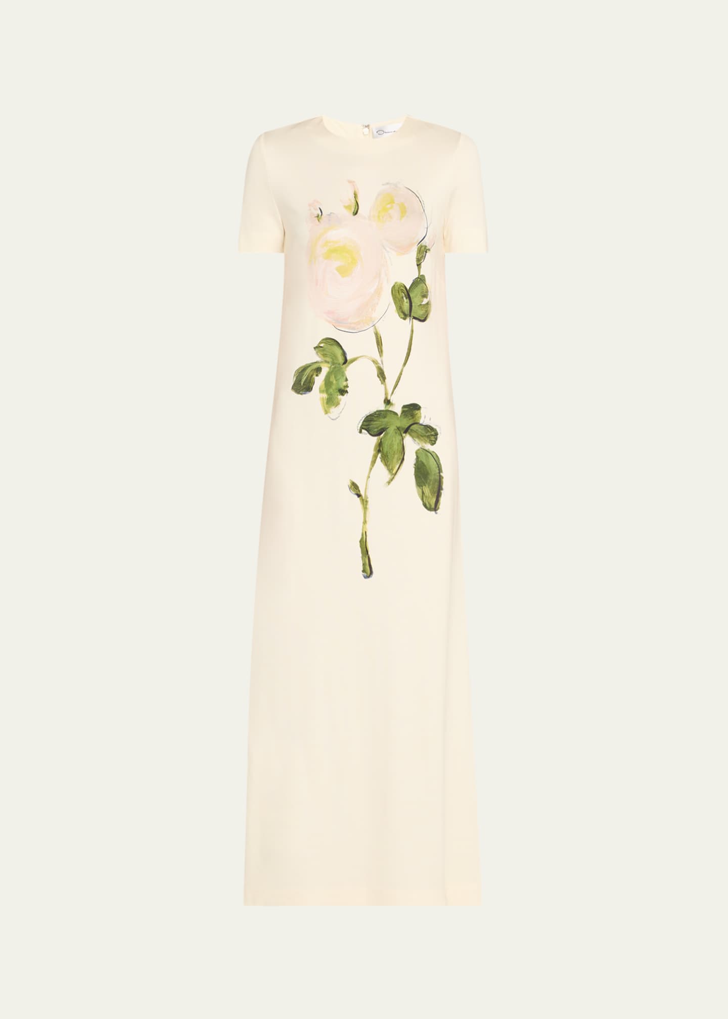 Oscar de la Renta Painted White Roses Jersey Short-Sleeve Maxi Dress Image 1 of 5