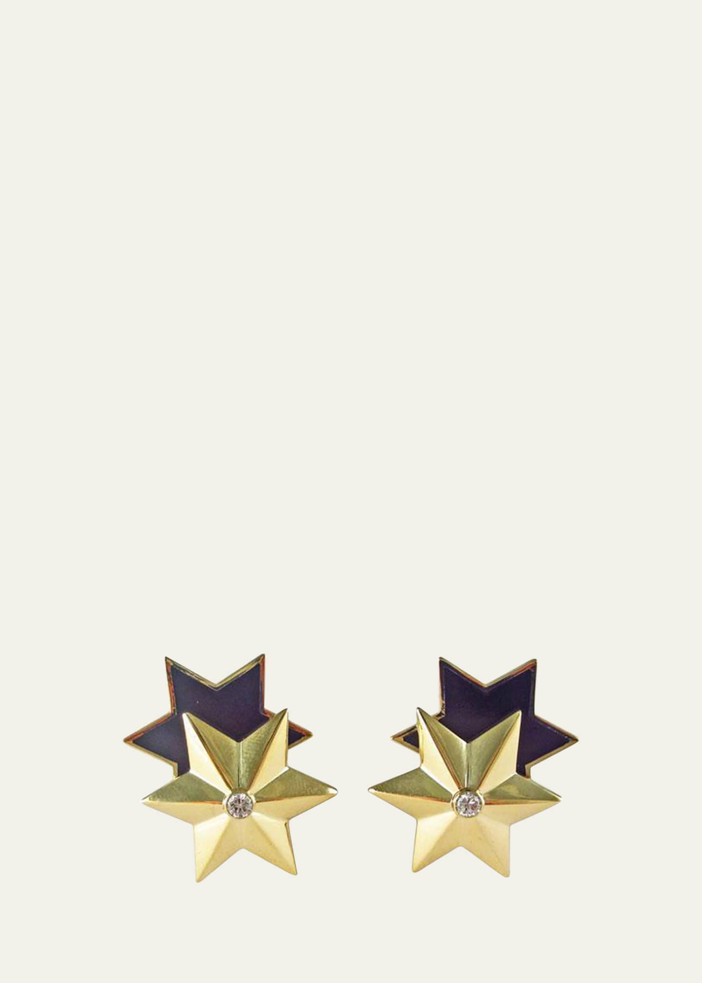Verdura 18K Yellow Gold and Black Enamel Diamond Double Star Earrings