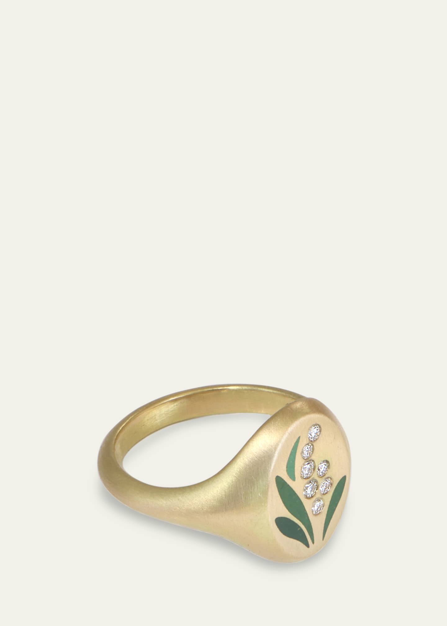 Gwen Barba Lily of the Valley Enamel and Diamond Signet Ring in 18K Yellow Gold Image 2 of 3