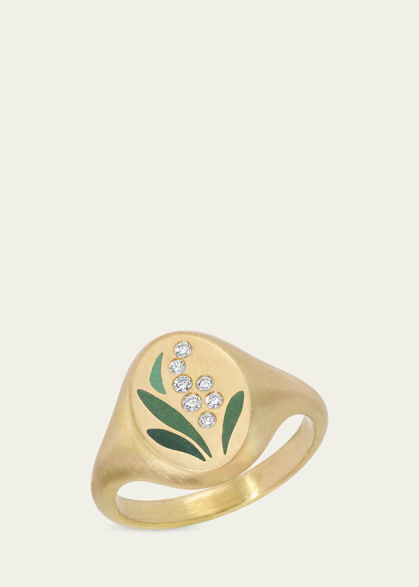Gwen Barba Lily of the Valley Enamel and Diamond Signet Ring in 18K Yellow Gold Image 1 of 3