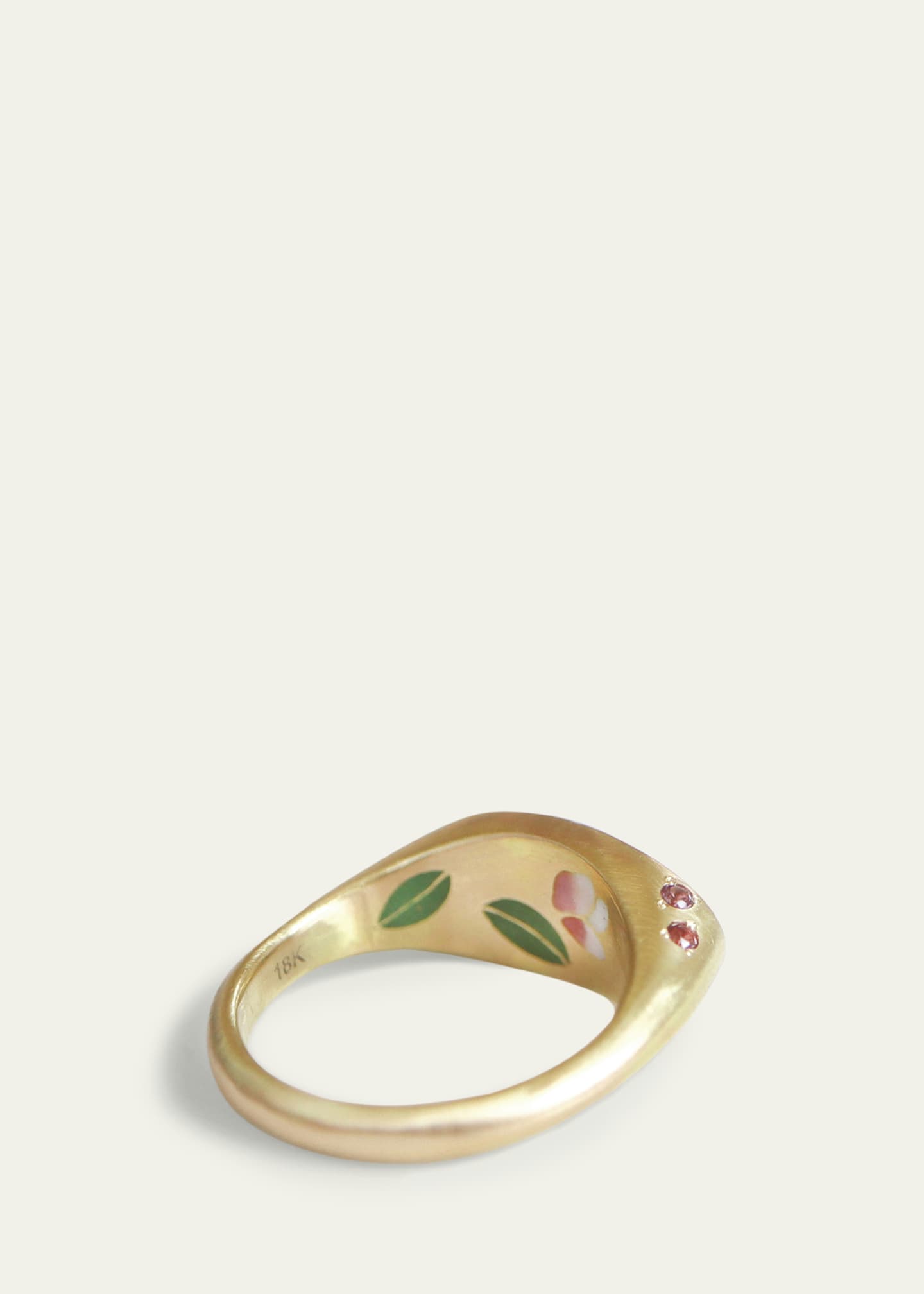 Gwen Barba Magnolia Pink Enamel and Sapphire Signet Ring in 18K Yellow Gold Image 2 of 2