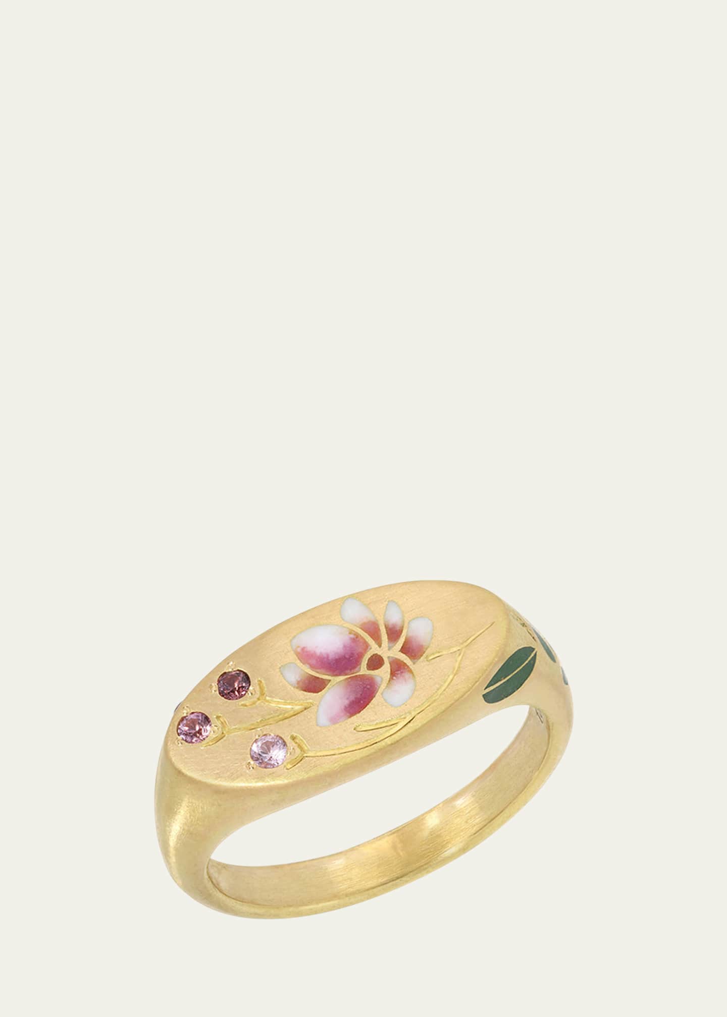 Gwen Barba Magnolia Pink Enamel and Sapphire Signet Ring in 18K Yellow Gold Image 1 of 2